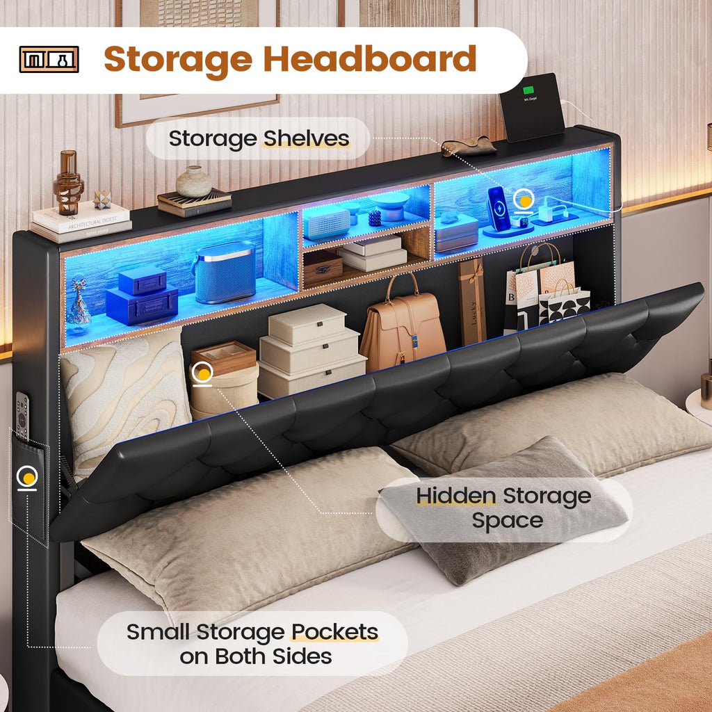 BTHFST Twin Bed Frames with Headboard & 4 Drawers, LED Bed Frame Twin with Charging Station, Upholstered and Metal Twin Bed with Storage, No Box Spring Needed, Black PU