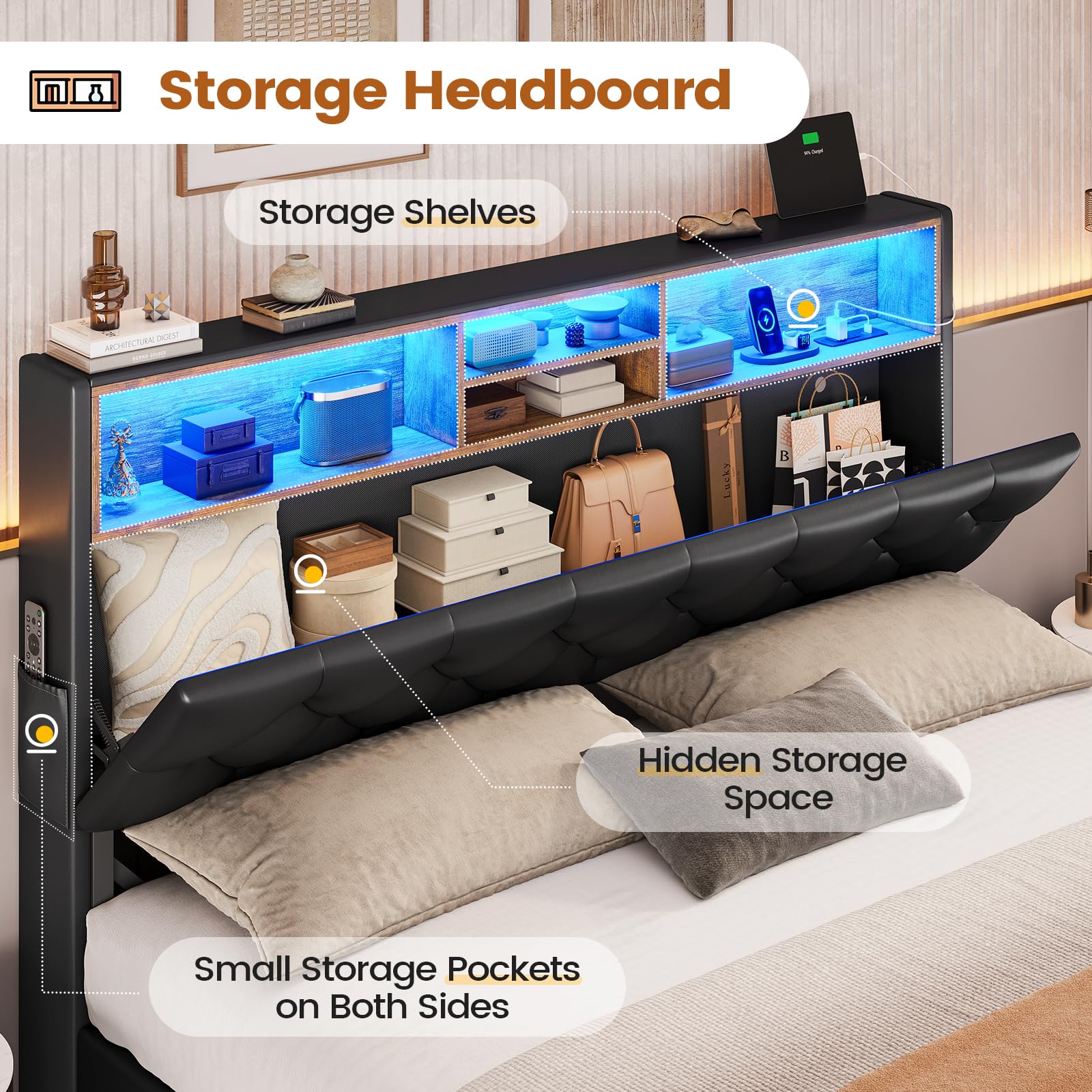 BTHFST Twin Bed Frames with Headboard & 4 Drawers, LED Bed Frame Twin with Charging Station, Upholstered and Metal Twin Bed with Storage, No Box Spring Needed, Black PU