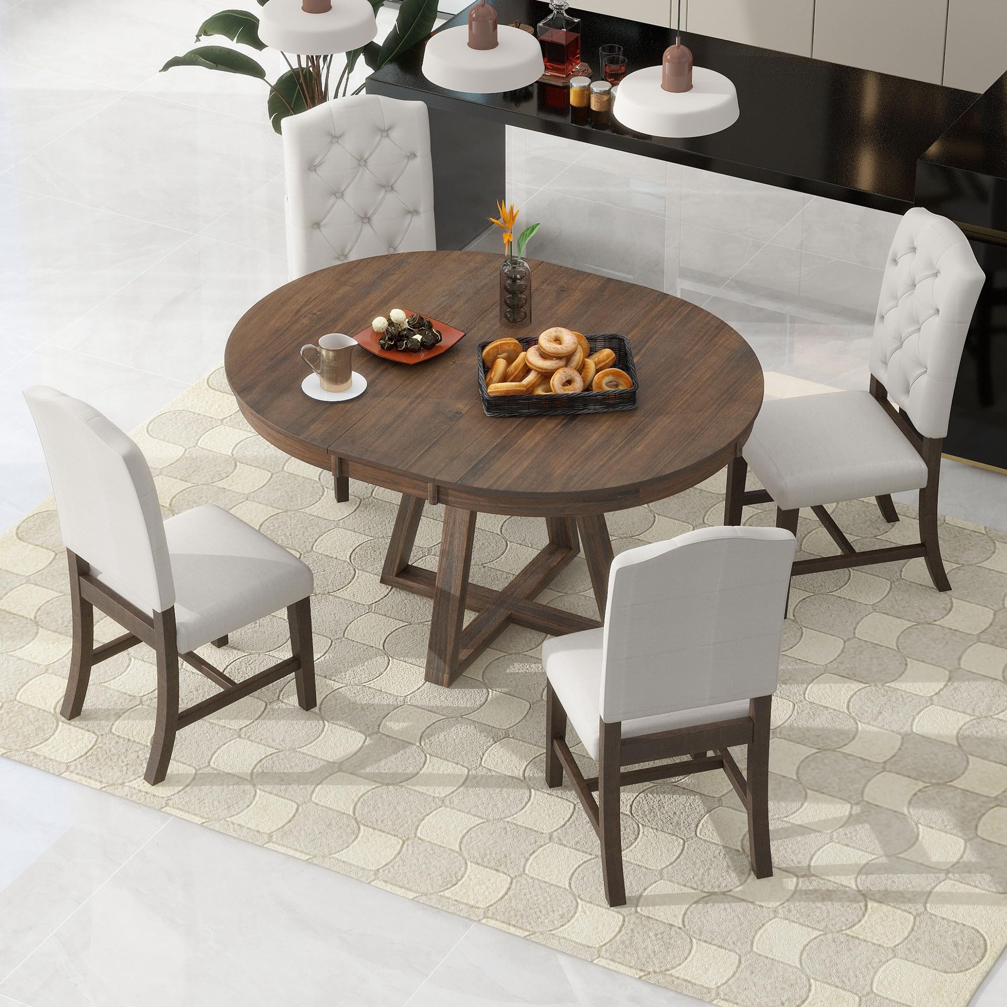LUMISOL 5-Piece Dining Table Set for 4, Farmhouse Round Kitchen Table Set with Special Shaped Legs and 4 Upholstered Chairs for Kitchen, Dining Room, Small Space, Antique Blue