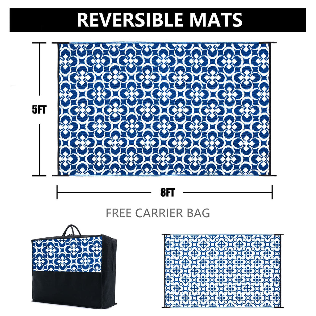 HUGEAR Outdoor Patio Rug 3'x5' Waterproof Outside Area Rugs Blue Reversible Plastic Straw Carpet for RV Deck Camping Entryance Porch Picnic Balcony Beach