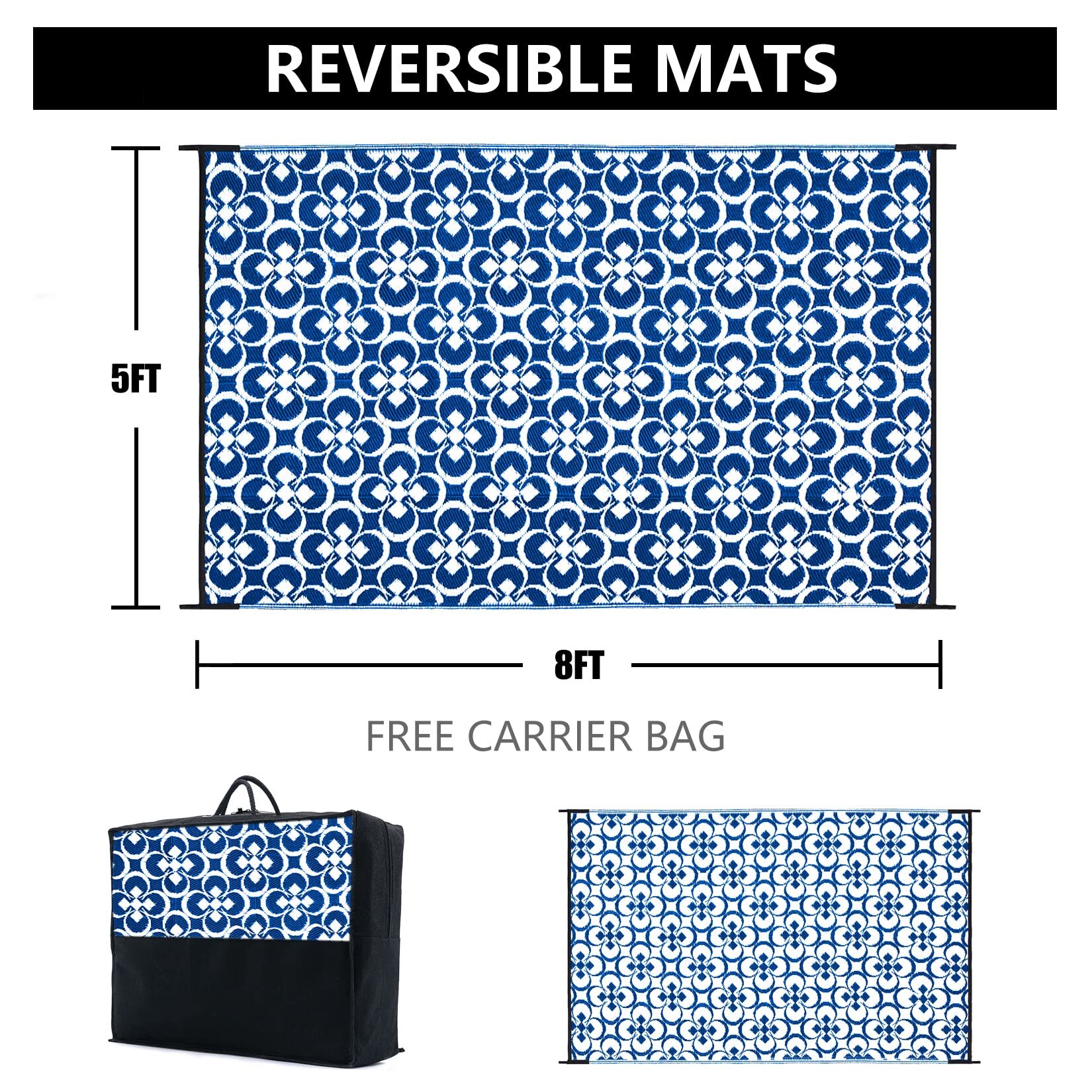 HUGEAR Outdoor Patio Rug 3'x5' Waterproof Outside Area Rugs Blue Reversible Plastic Straw Carpet for RV Deck Camping Entryance Porch Picnic Balcony Beach