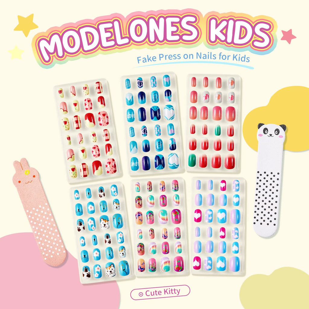Modelones Press on Nails for Kids 144Pcs 6 Pack Children Acrylic Fake Nails Pre-glue Full Cover Glitter Gradient Color Heart Cat Short False Nail Art Kits Sets Christmas Gifts for Kids Girls