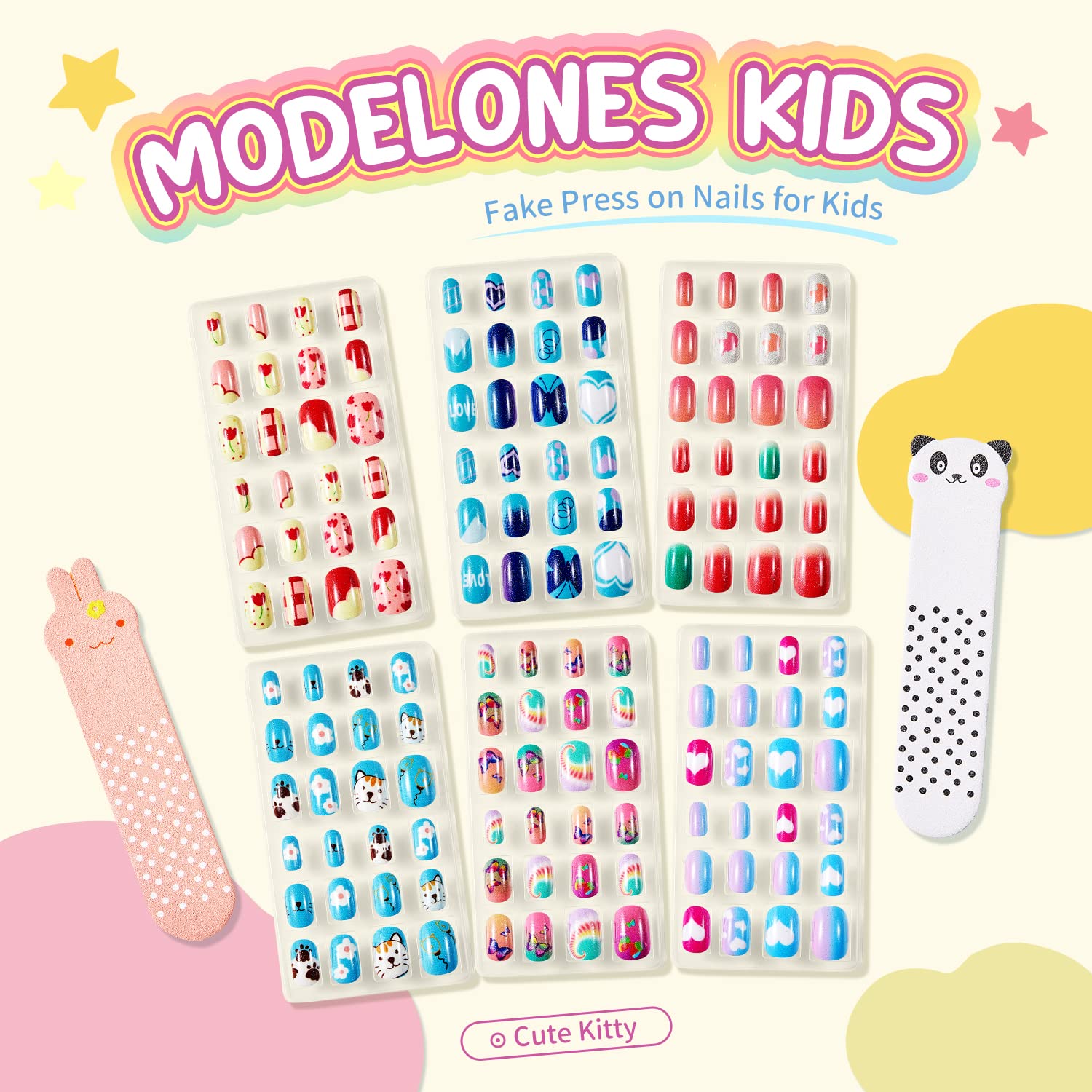Modelones Press on Nails for Kids 144Pcs 6 Pack Children Acrylic Fake Nails Pre-glue Full Cover Glitter Gradient Color Heart Cat Short False Nail Art Kits Sets Christmas Gifts for Kids Girls