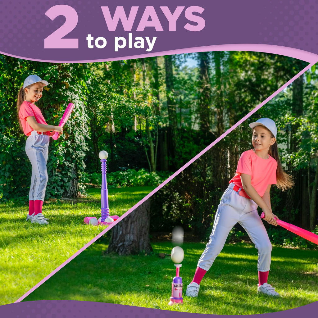 T Ball Stand for Kids and Toddlers 1-3, 3-5, 5-8. Baseball Set Includes 6 Large Balls, an Adjustable Tball Batting Tee, and a Pitching Machine. Kids Bat and Ball, T-Ball Sets for Kids