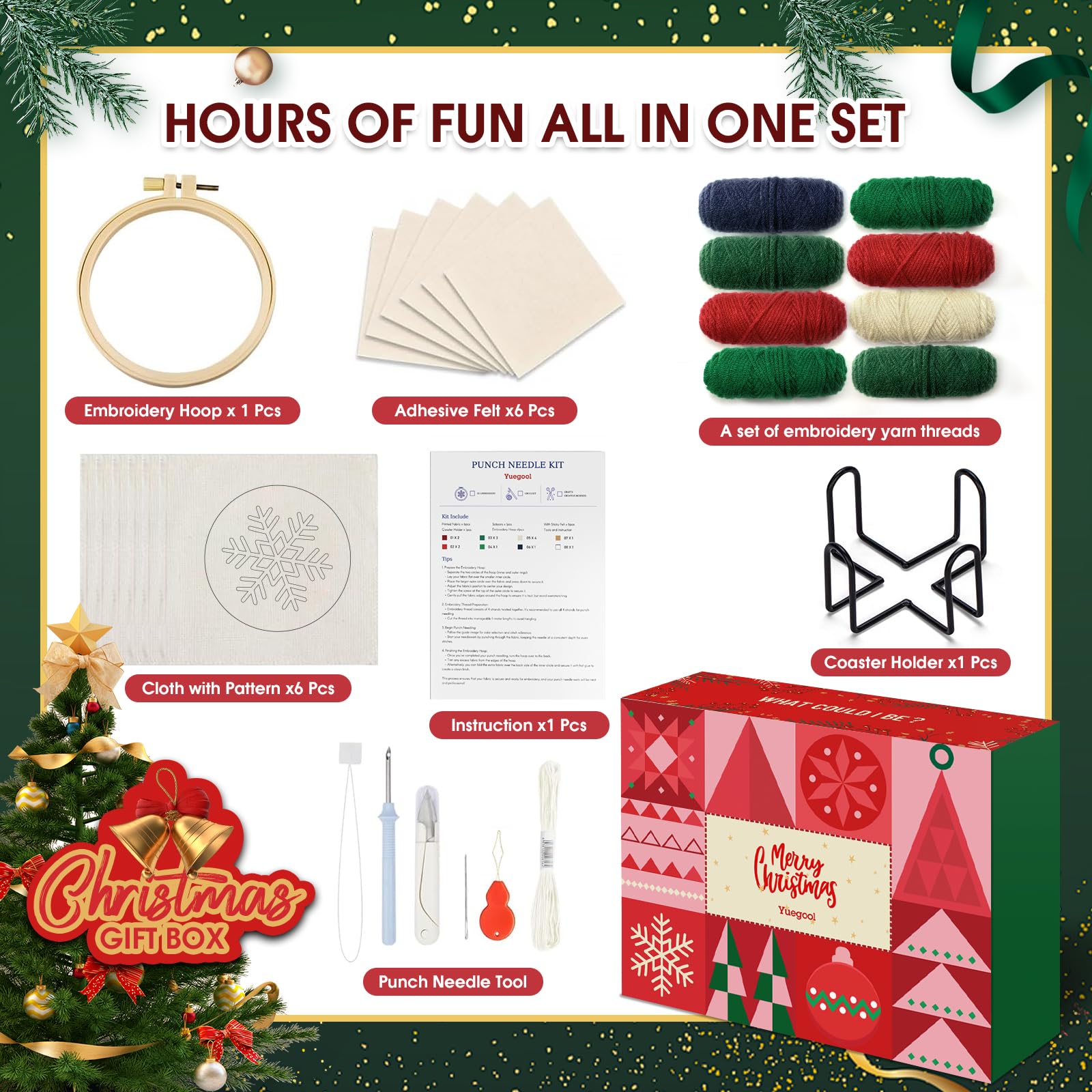 yuegool 6PCS Enchanted Oddities Punch Needle Coasters Kit – Easy DIY Embroidery Kit for Beginners, Adults & Kids | Includes Patterns, Tools, Yarns, Hoop, Instructions, Coaster Holder