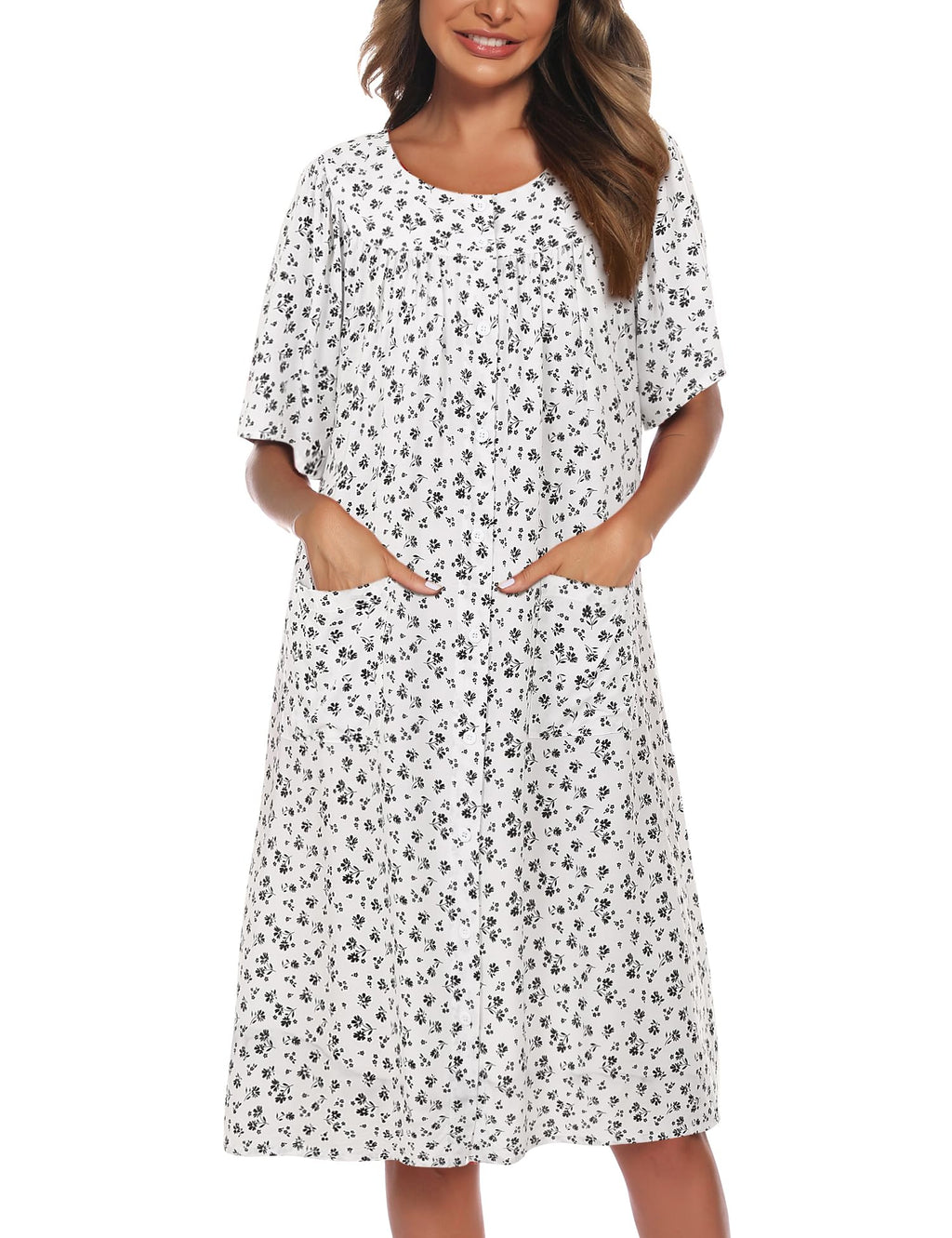 COSUNIONY House Dresses for Women Cotton Short Sleeve House Coat Buttons Down Dusters Robe with Pockets S-XXL