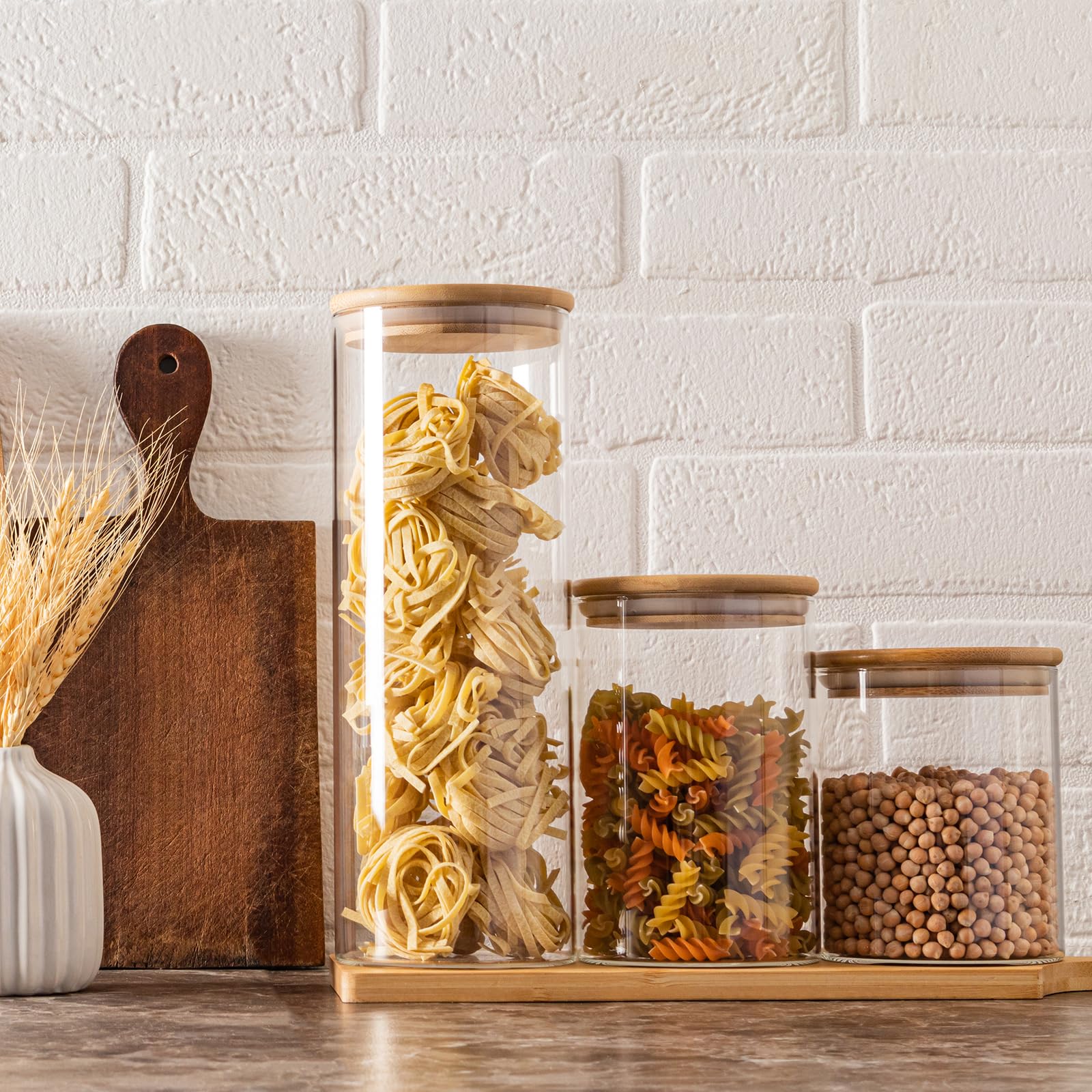SHOWIN 73oz Glass Pasta Storage Jars, Tall Glass Jars with Bamboo Lids, Spaghetti Container, Set of 3, Kitchen Storage Containers for Pasta, Pantry Organizers
