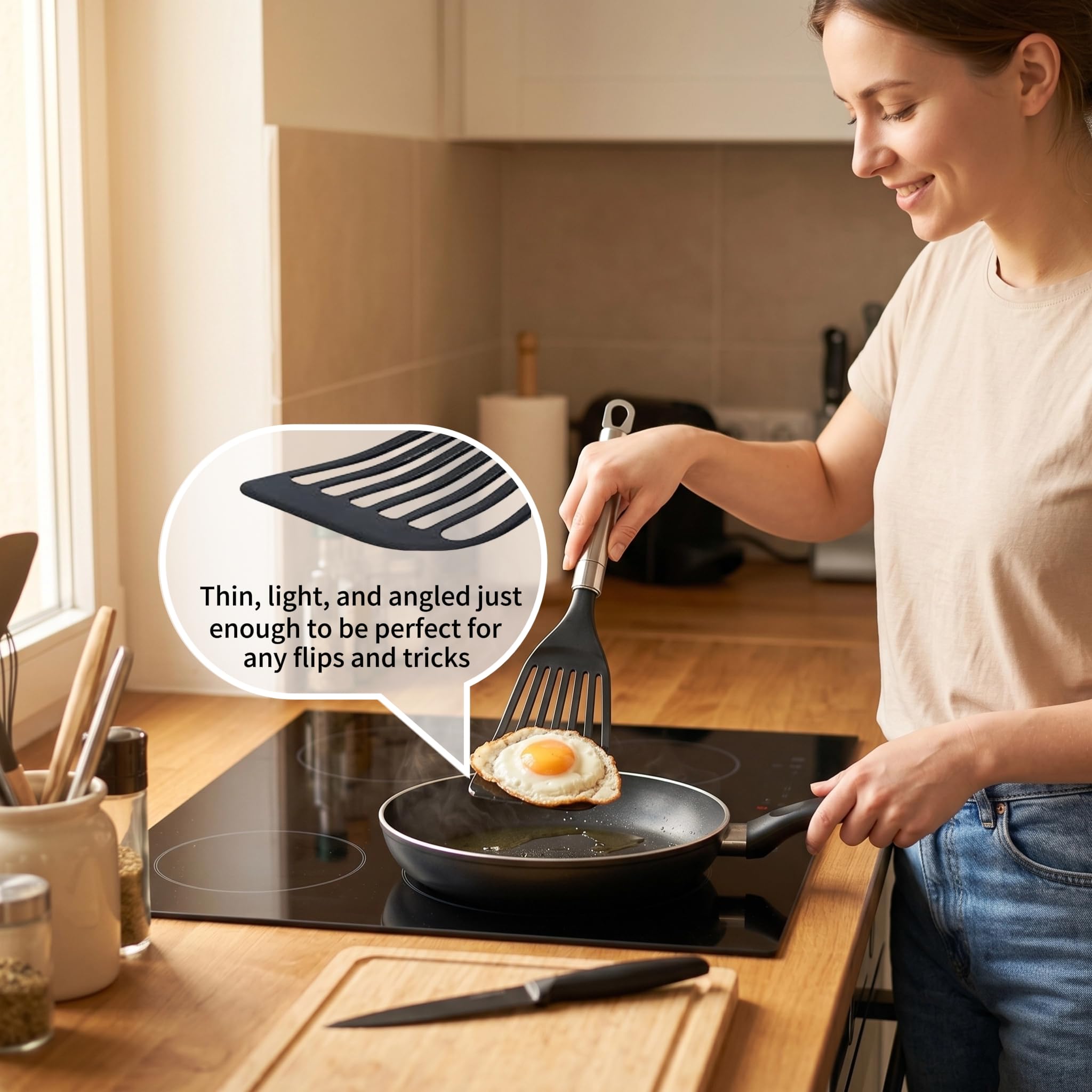 KSENDALO Thin Flexible Fish Spatula for Nonstick Cookware, Black | Egg Flipper Turner w/Hollow Steel Handle, Slotted Angled LFGB Complaint Nylon Blade, Dishwasher Safe, Silver Handle