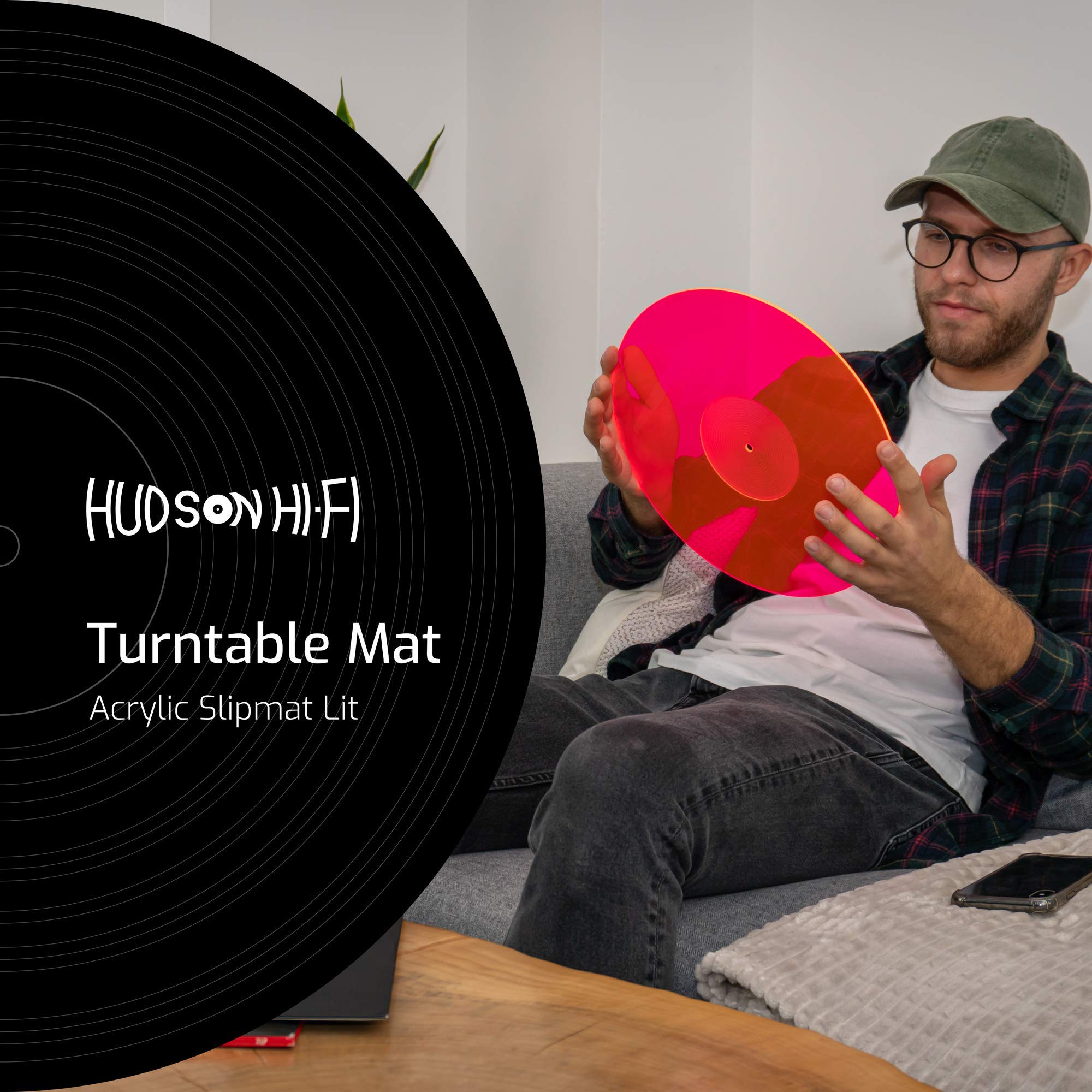Hudson Hi-Fi Acrylic Turntable Mat – 11.75” Anti-Static Turntable Slipmat with Label Recess – 1/8” Thick Acrylic Platter Mat for Vinyl LP Record Players – Black