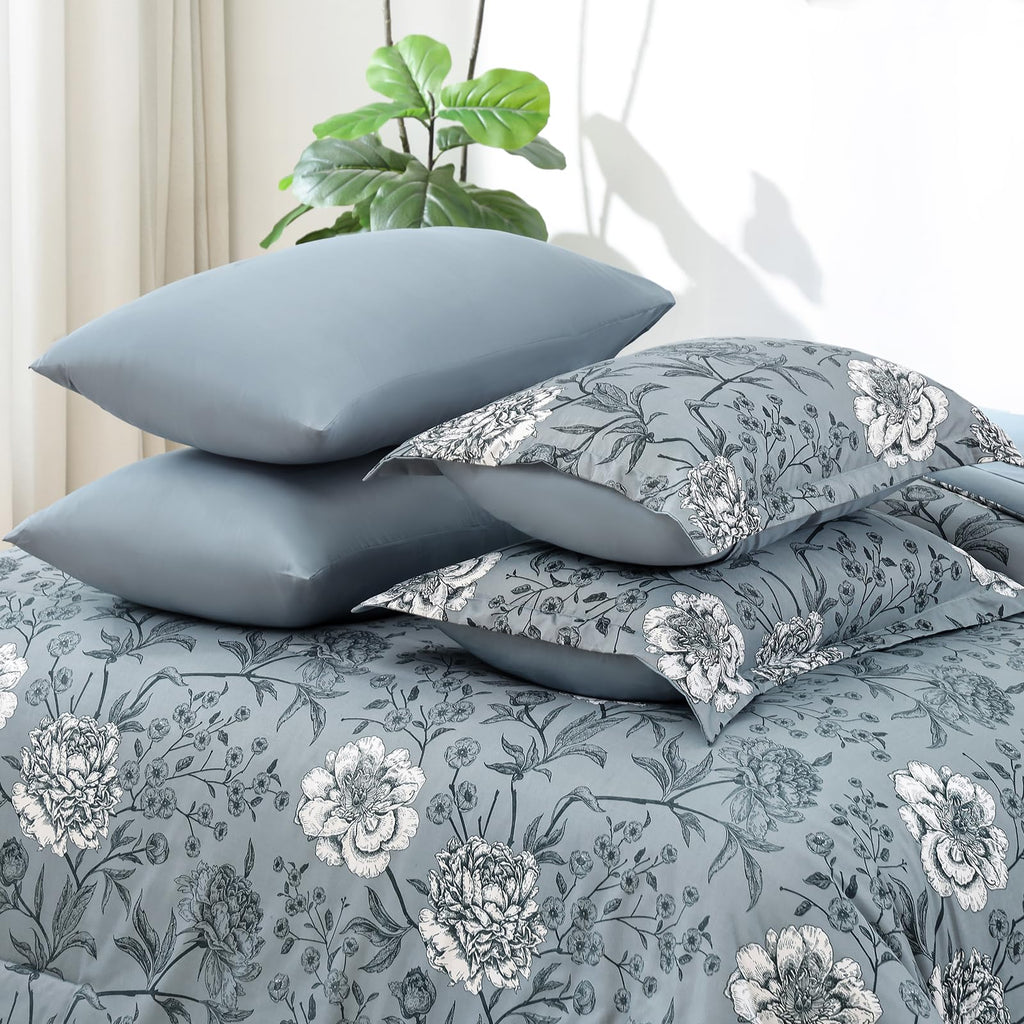 Yiran 7 Pieces Bed in a Bag Blue Floral Comforter Set Queen Size Flowers Comforter Set Soft Microfiber Bedding Set (1 Comforter 1 Flat Sheet 1 Fitted Sheet 2 Pillowshams 2 Pillowcases)