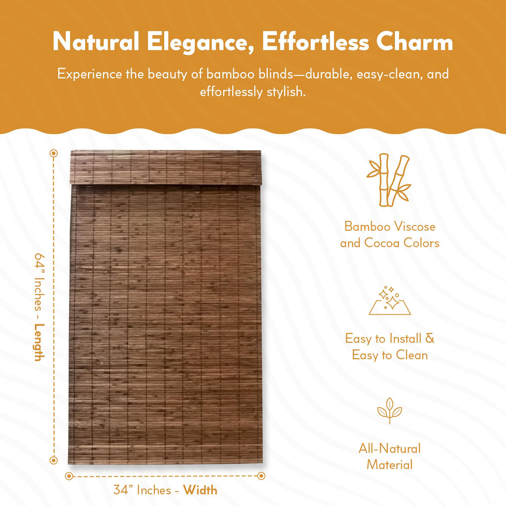 Radiance Cordless Bamboo Roman Shades for Windows - Flatstick Bamboo Blinds for Semi-Private Light Control - Easy to Lift & Fold Up Window Shades - Cocoa - 23 in. W x 64 in. L - (2216300E)