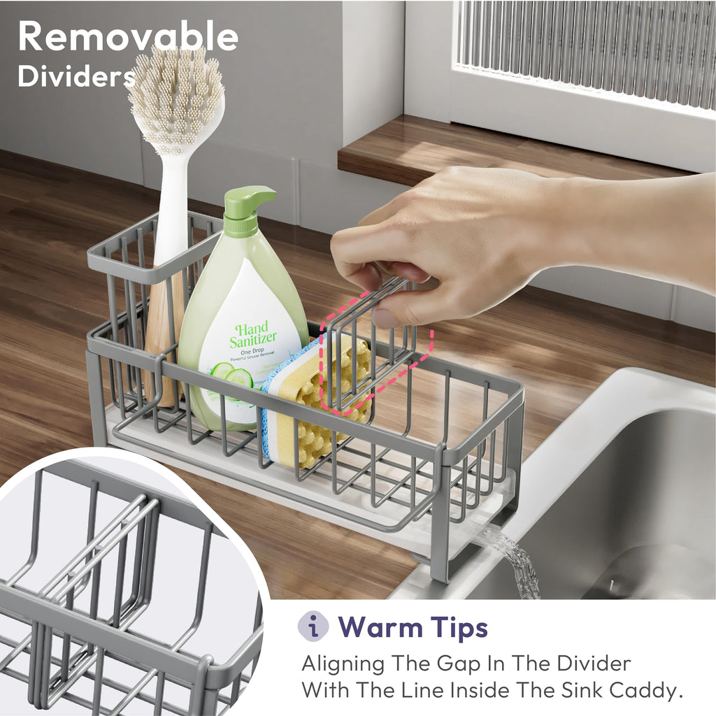 SWTYMIKI Sponge Holder for Kitchen Sink - Sink Caddy with Brush Holder Self-draining Sponge Caddy Organizer with Divider Stainless Steel Kitchen Accessories Storage for Countertop, Black