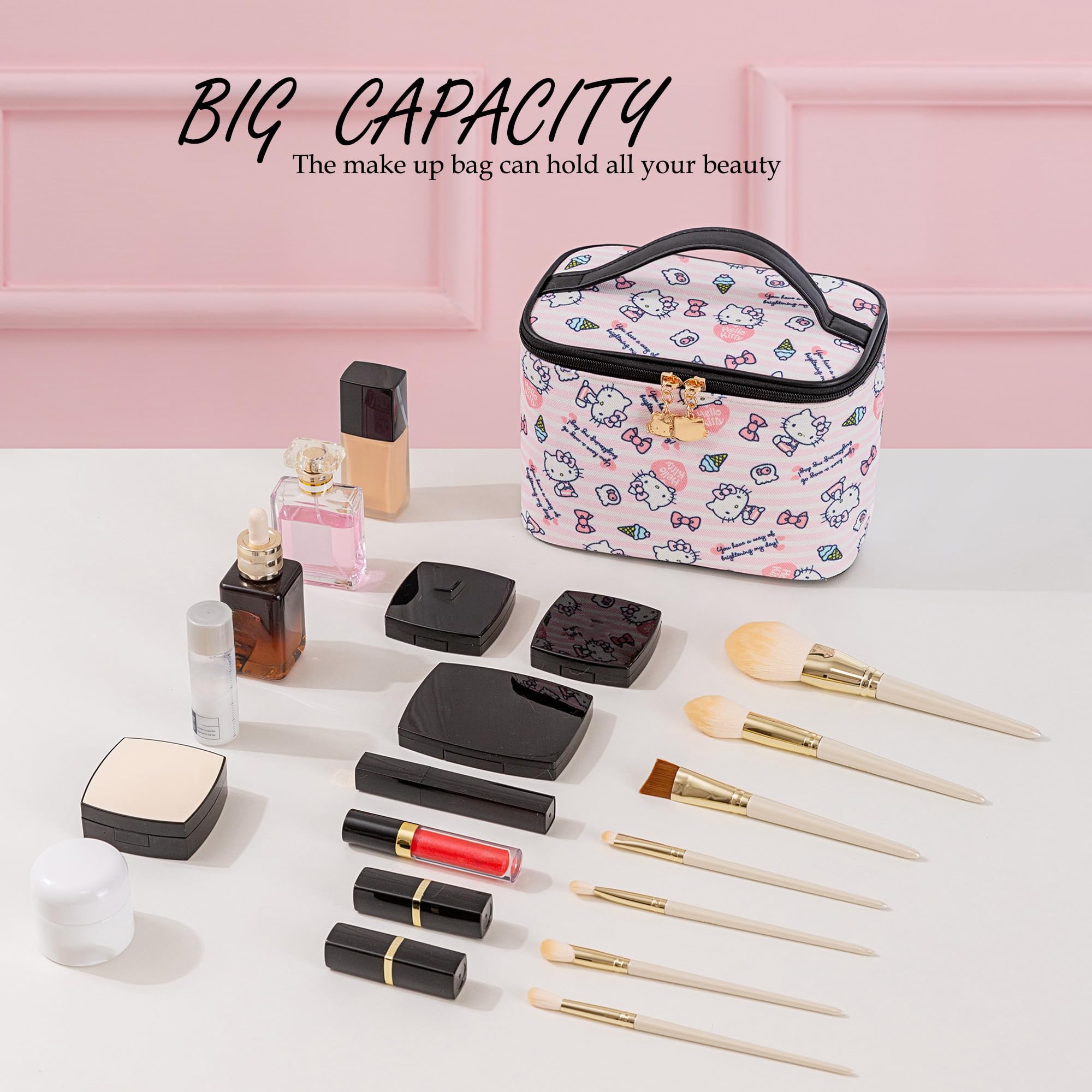 AmBealla Makeup Bag Large Waterproof Cosmetic Bags with Makeup Brush Holder,Cute Printed Makeup Organizer for Women Traveling,Portable Toiletry Bag for Girls