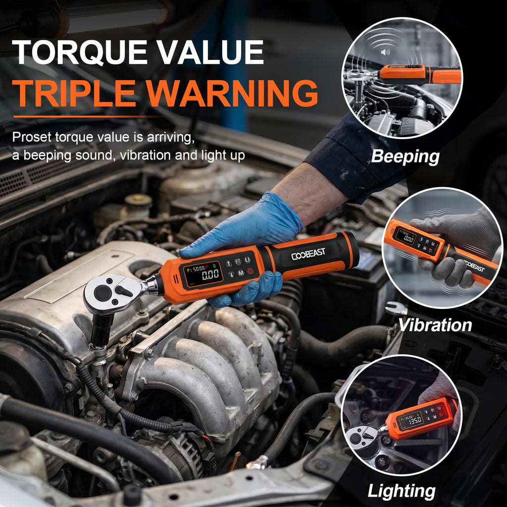 Digital Torque Wrench, 1/2 Drive Electronic Torque Screwdriver with Preset Value(3.76-250.8 Ft.lbs./5.1-340Nm), Buzzer and LED Flash Five Units of Measure Torque Wrench for Motorcycle, Auto Repair