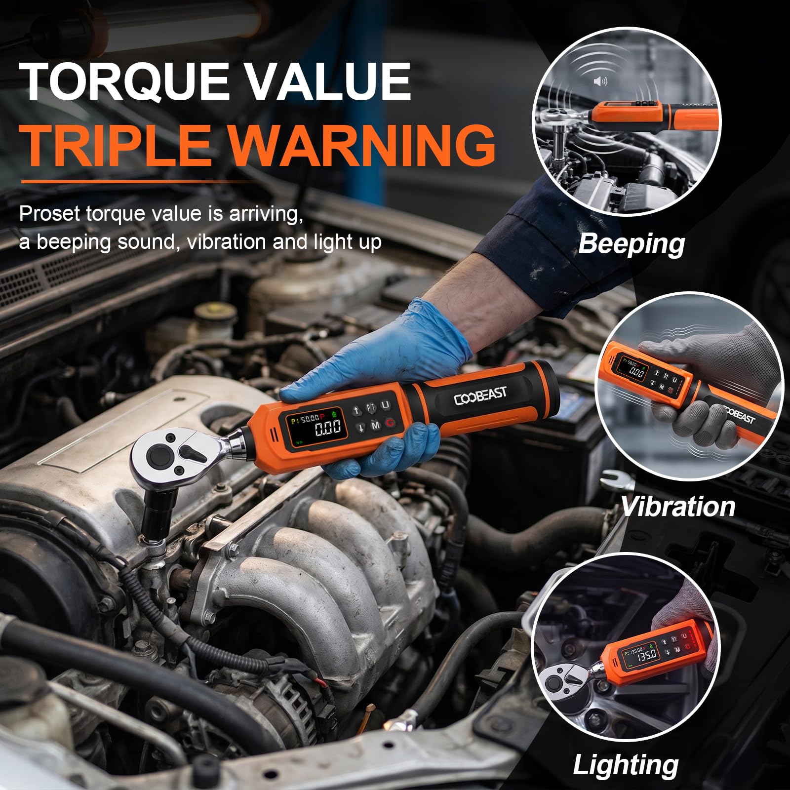Digital Torque Wrench, 1/2 Drive Electronic Torque Screwdriver with Preset Value(3.76-250.8 Ft.lbs./5.1-340Nm), Buzzer and LED Flash Five Units of Measure Torque Wrench for Motorcycle, Auto Repair