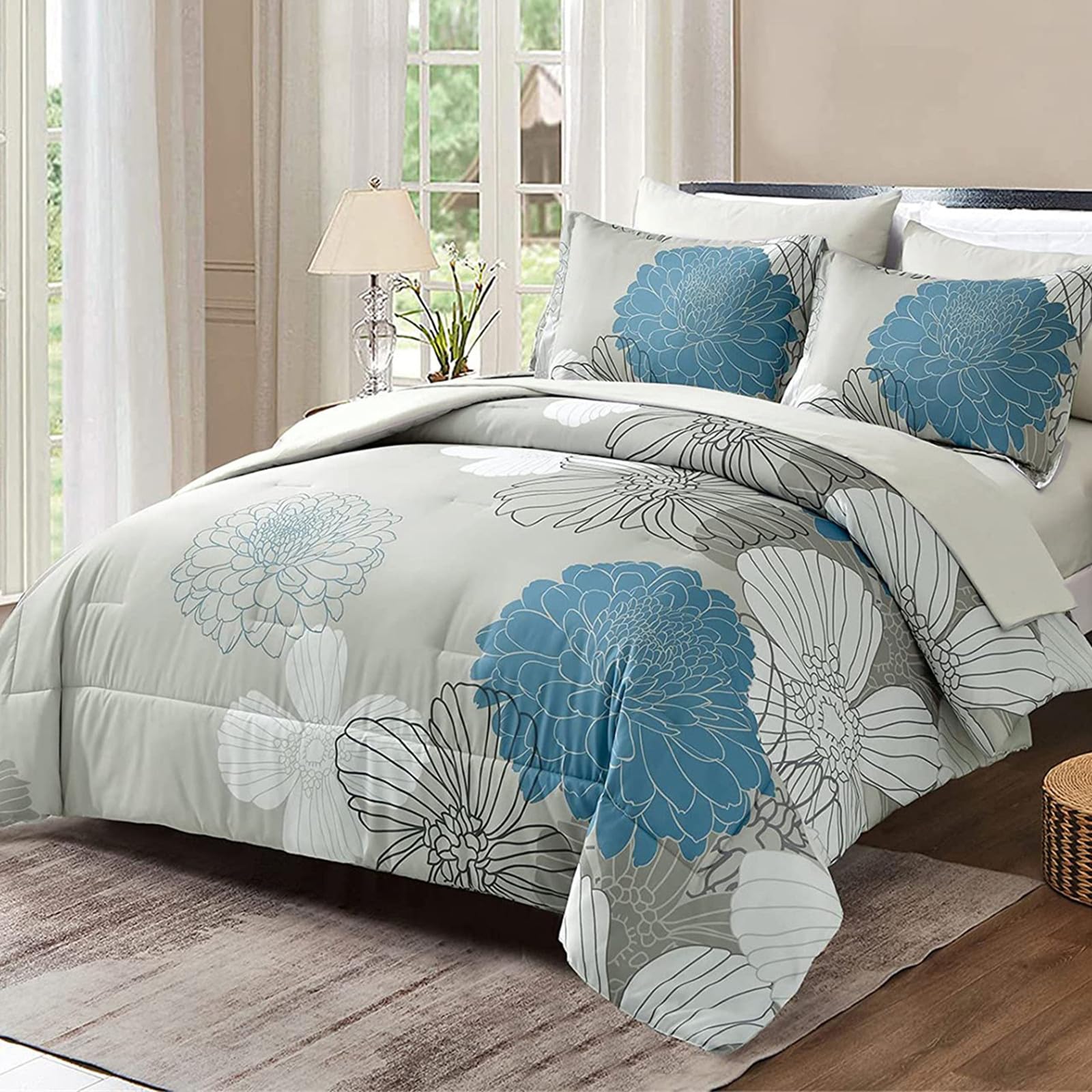 Yiran 7 Pieces Bed in a Bag Blue Floral Comforter Set Queen Size Flowers Comforter Set Soft Microfiber Bedding Set (1 Comforter 1 Flat Sheet 1 Fitted Sheet 2 Pillowshams 2 Pillowcases)