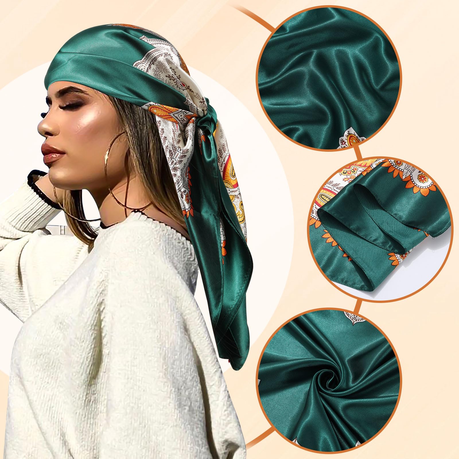 AWAYTR 35” Large Satin Square Head Scarf - 2Pcs Silk Like Floral Head Scarves Square Satin Hair Scarf Bandanas for Women