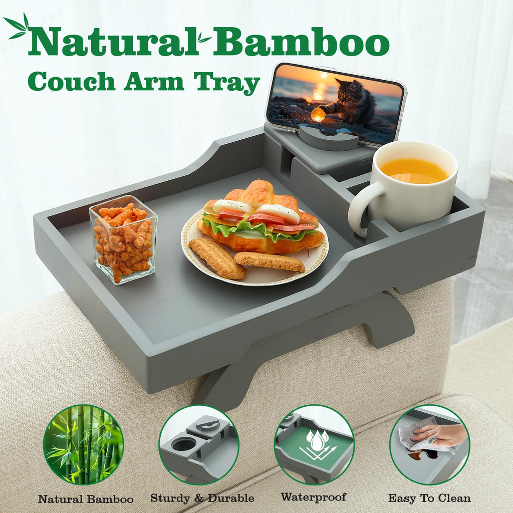GHKINMAL Couch Cup Holder Tray, 15.4"x9.9" Large 4 in 1 Couch Arm Tray with 360°Rotated Phone Holder, Non-Slip Clip on Side Table for Drinks/Remote/Snacks, Ideal Gift for Husband, Wife, Parents