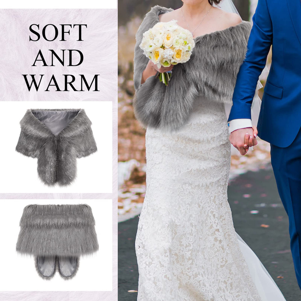 Geyoga Faux Fur Shawl Wrap Stole Shrug Winter Bridal Wedding Scarf Wrap with Faux Pearl Rhinestone Brooches for Women 1920s