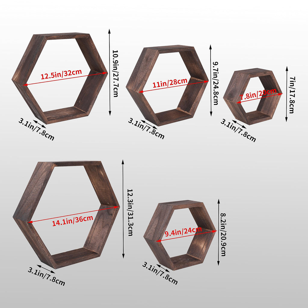 WONFUlity Hexagon Shelves for Wall Mounted, Wood Farmhouse Storage Honeycomb Floating Shelves for Wall Decor,Screws Anchors Included,5pc