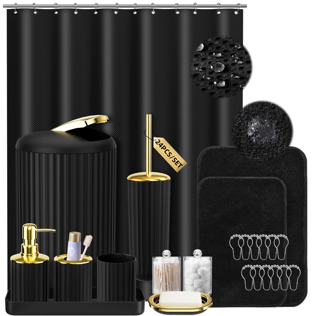 XLHOMO 24 PCS Black Bathroom Accessories Set with Shower Curtain and Rugs, Bathroom Decor Set with Trash Can, Toilet Brush, Soap Dispenser, Toothbrush Holder, Tumbler, Soap Dish and Jars
