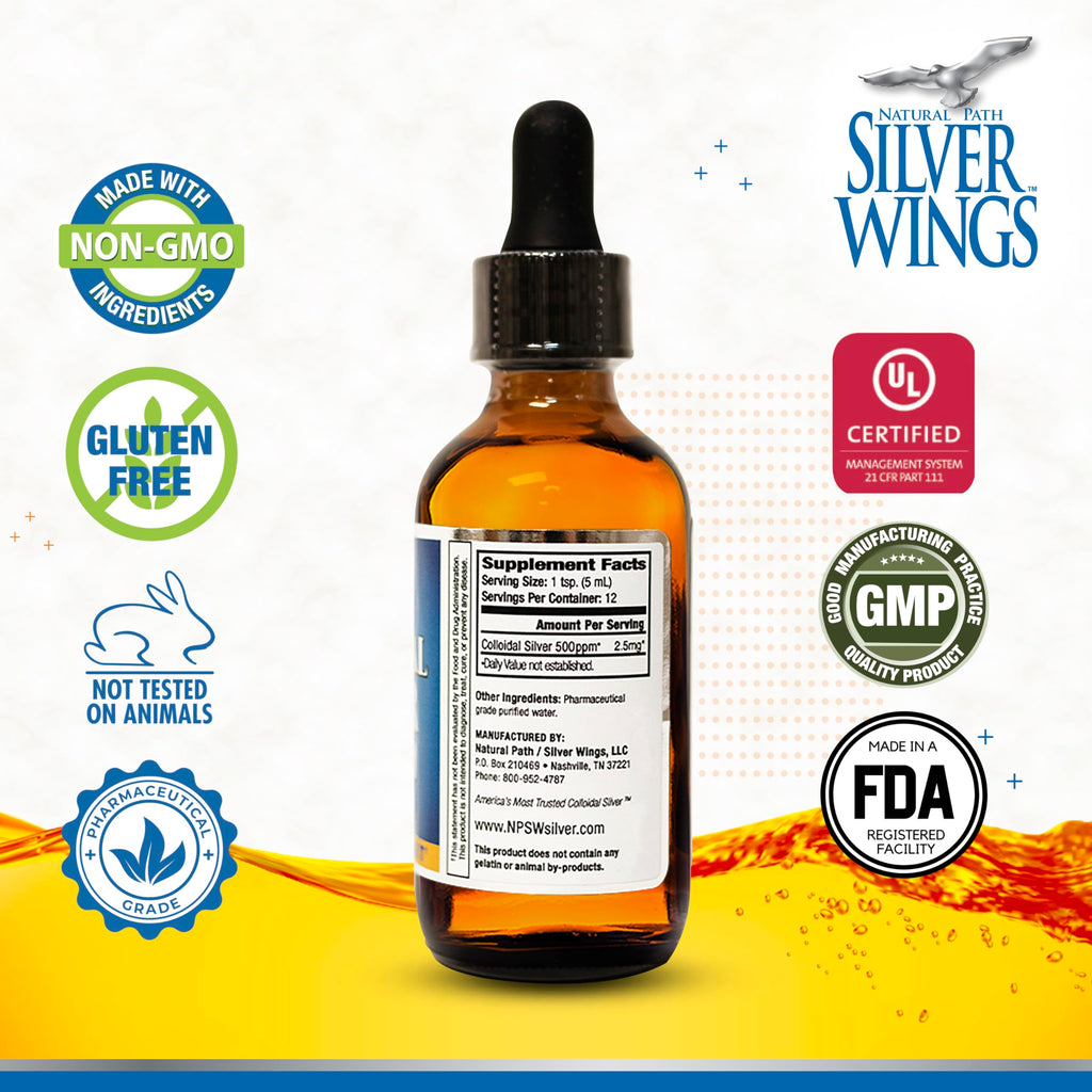 Natural Path Silver Wings Colloidal Silver 500PPM, Amber Brown Liquid Immune Support, 1 Fl Oz (Pack of 1)