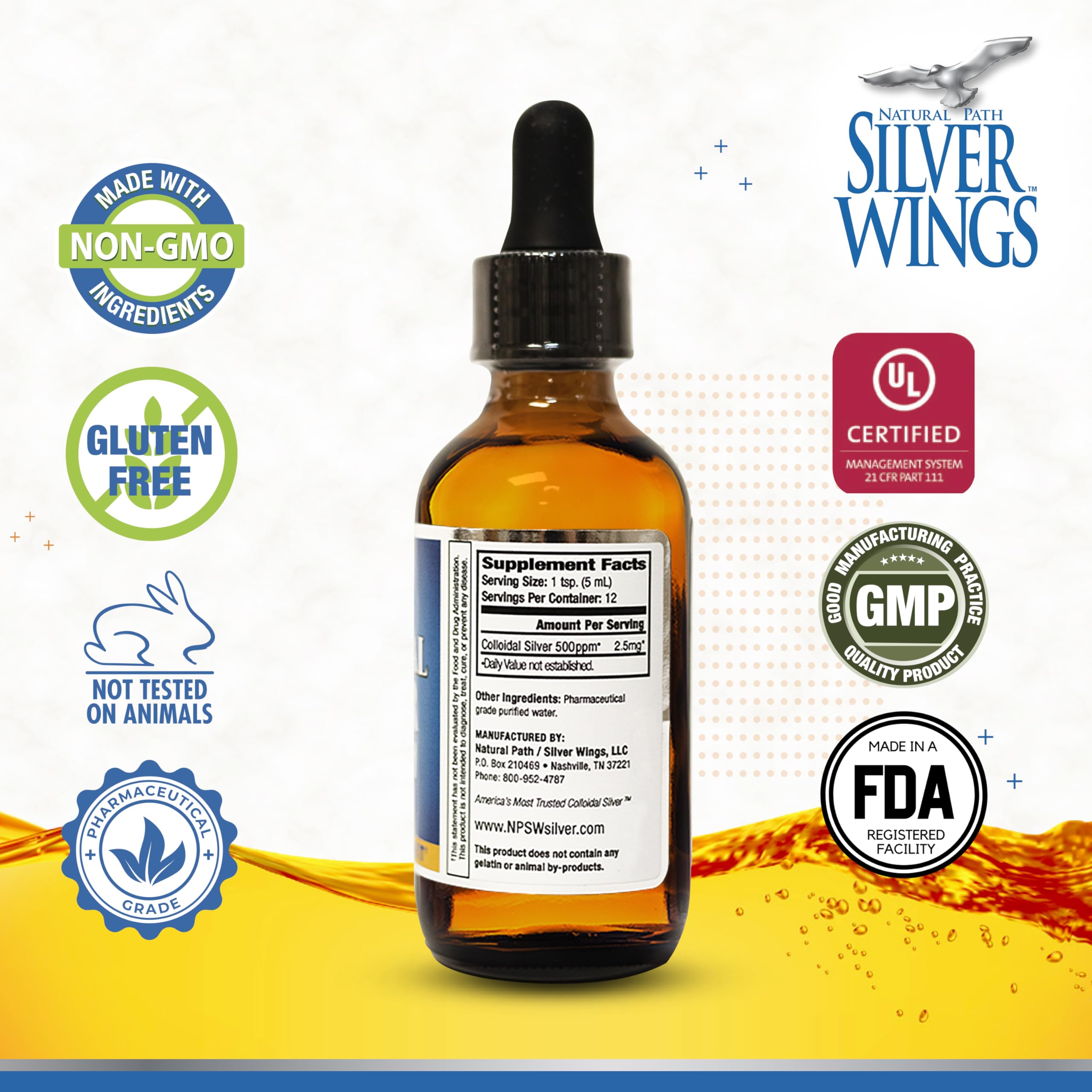 Natural Path Silver Wings Colloidal Silver 500PPM, Amber Brown Liquid Immune Support, 1 Fl Oz (Pack of 1)