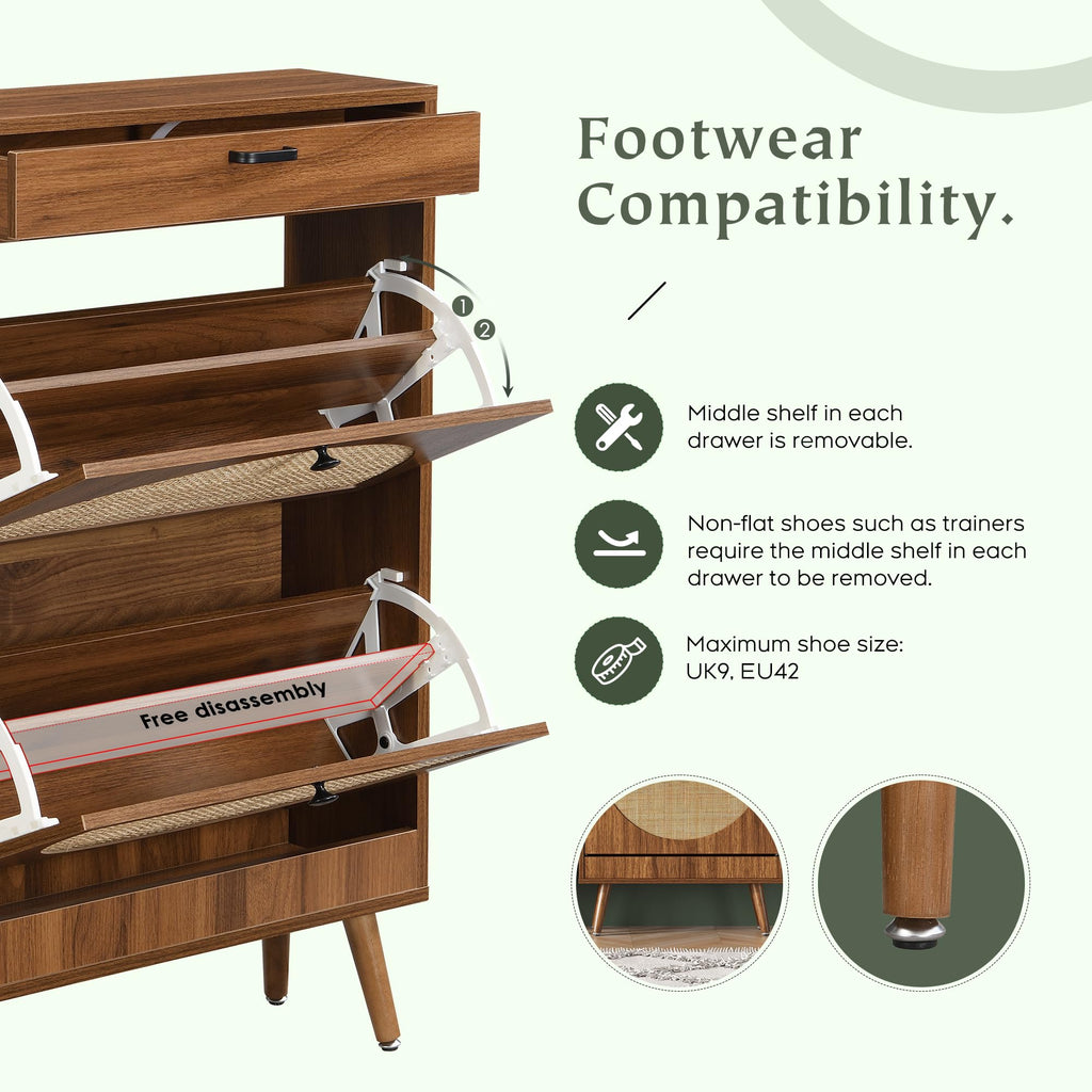 Yechen Shoe Rack Storage Organizer with 2 Natural Semi-Circular Rattan Doors, Entryway Wooden Shoe Cabinet for Sneakers, Leather Shoes, Heels, Slippers (Black)