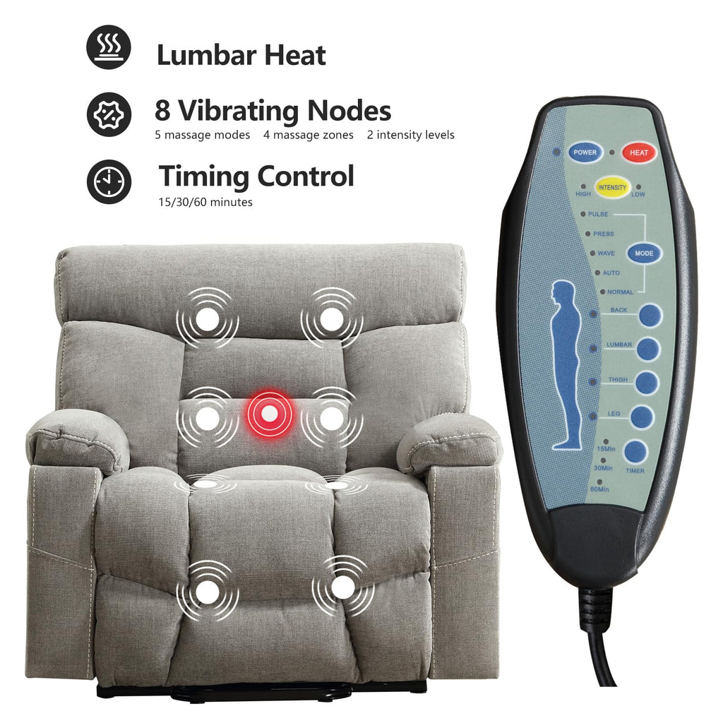 CANMOV Dual Motor Power Lift Recliner Chair for Elderly, 27" Extra-Wide Seat 450 lbs Weight Capacity Infinite Position Adjustment, with Heated Massage, Cup Holders and USB Port, Camel Fabric