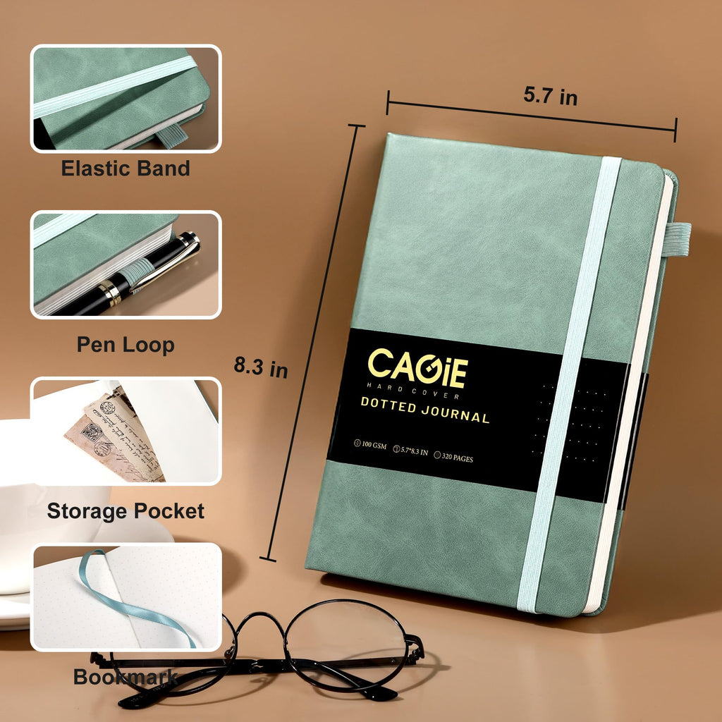 CAGIE Bullet Dotted Journal Notebook 320 Pages 100 GSM Paper Hardcover A5 Dot Grid Notebook Leather Journals for Writing Women Men Work Journaling, Black