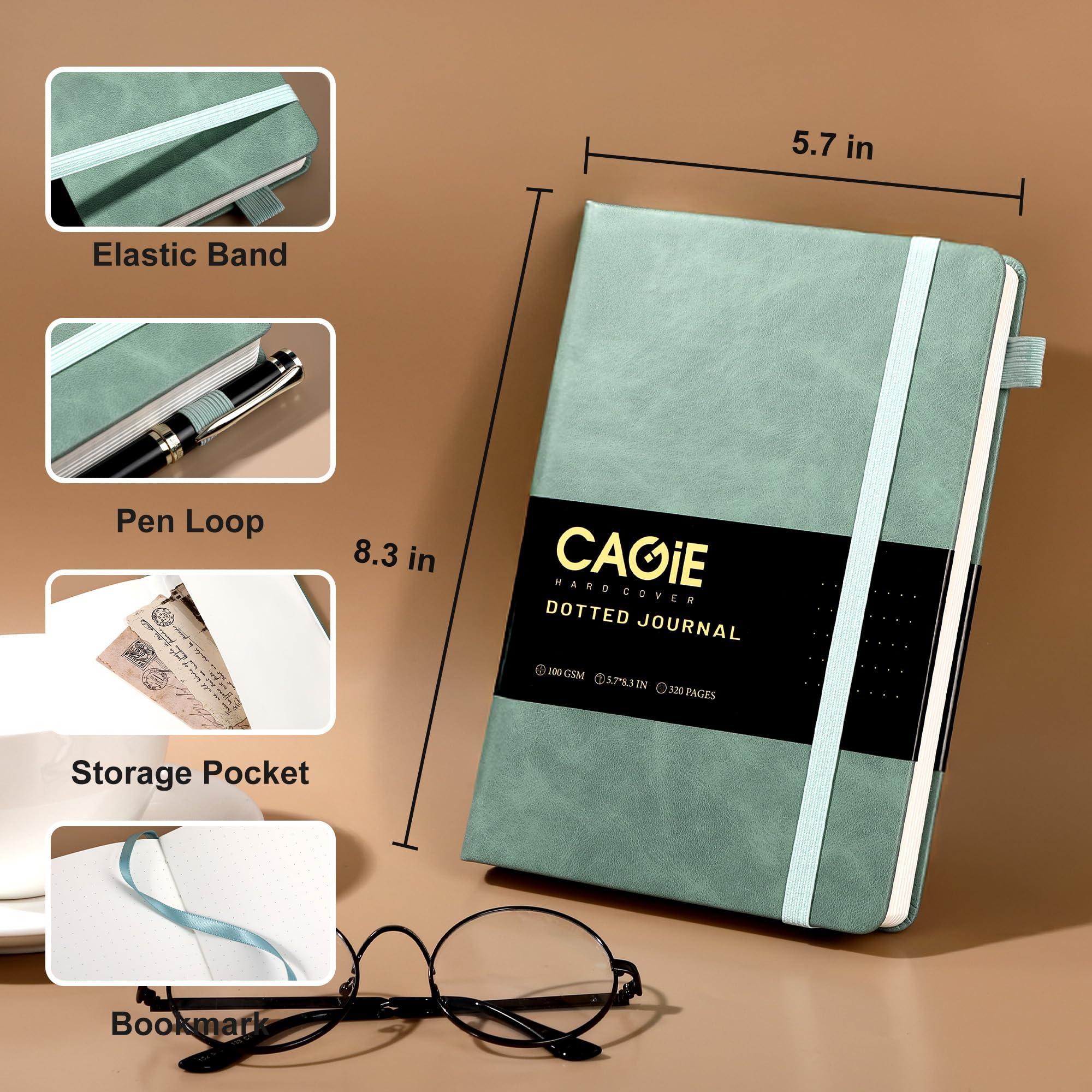 CAGIE Bullet Dotted Journal Notebook 320 Pages 100 GSM Paper Hardcover A5 Dot Grid Notebook Leather Journals for Writing Women Men Work Journaling, Black
