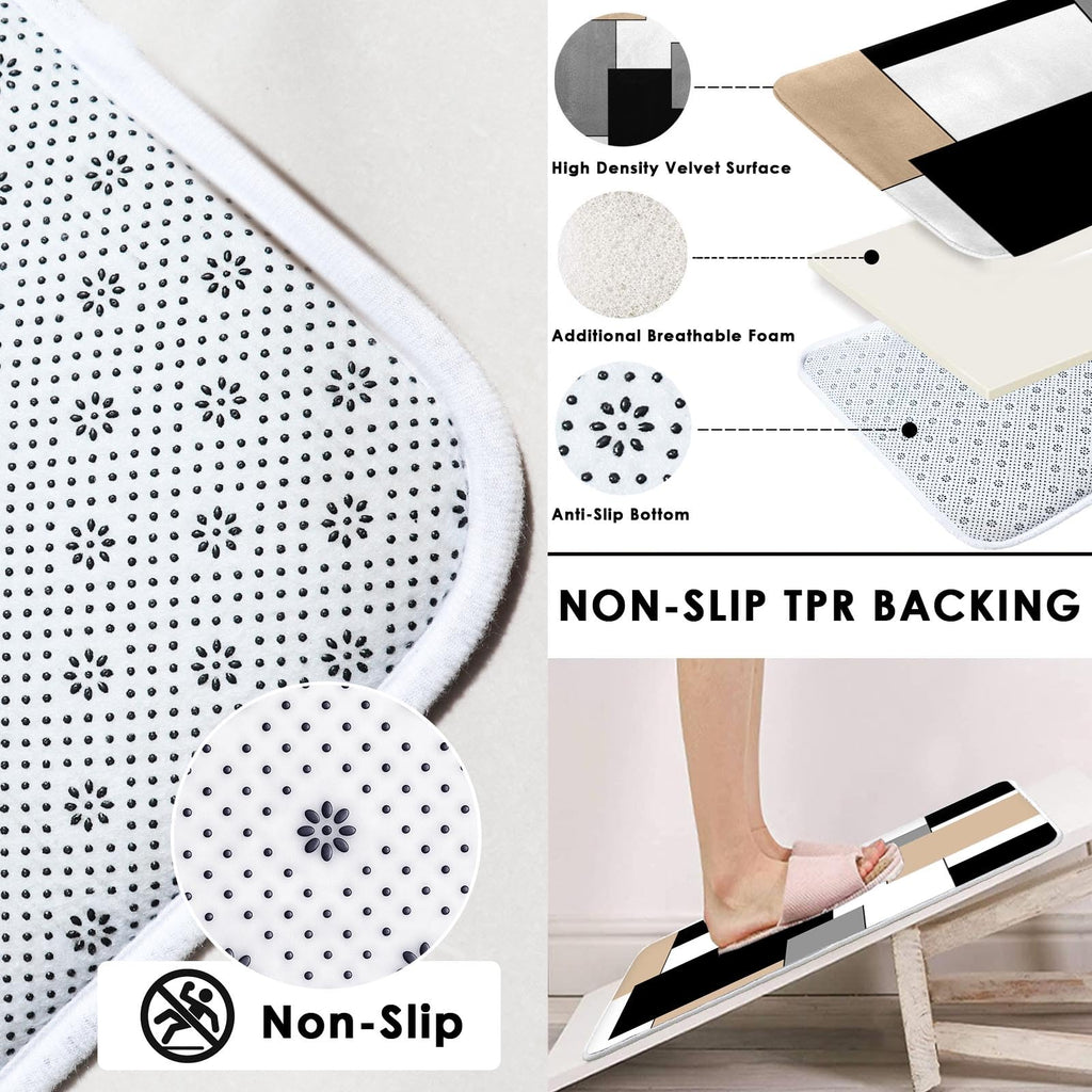 Beige Geometric Shower Curtain Set with Toilet Lid Cover and Non-Slip Rugs for Bathroom, Black Grey White Checkered 4 Pcs Shower Curtain, Modern Abstract Bathroom Set with 12 Hooks