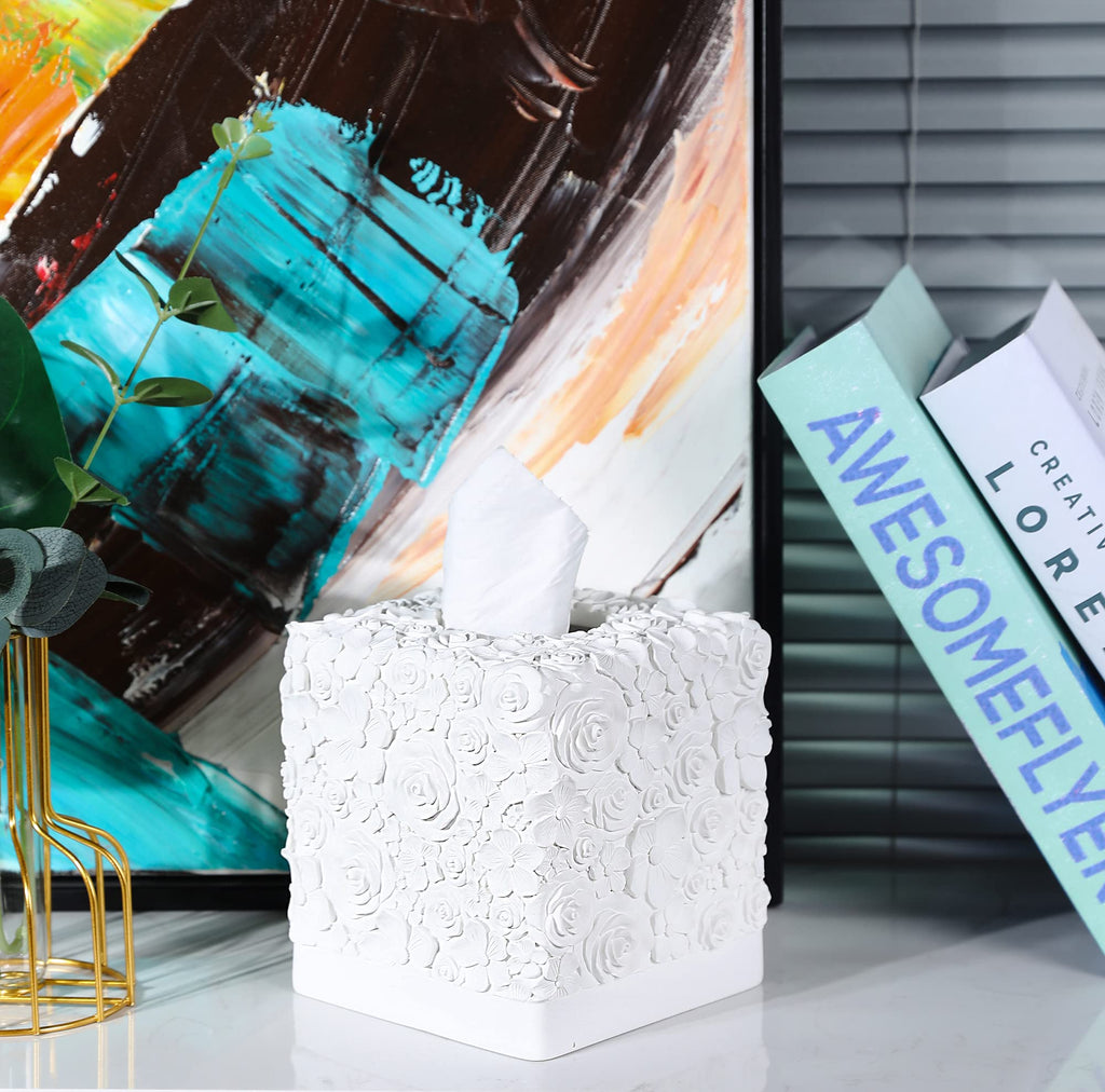 Hymmah Square Tissue Box Cover Holder with Tray,Unique Cube Design Tissue Dispenser Cover Decor for Vanity Counter Tops Also Great for Bedroom and Living Room