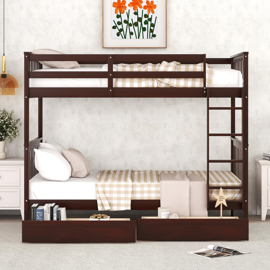 Merax Wood Bunk Bed with Two Drawers,Convertible Wood Bunk Bed with Ladders and Two Storage Drawers,Solid Wood Detachable Bed Frame with Ladders, Twin Over Full Size, Espresso