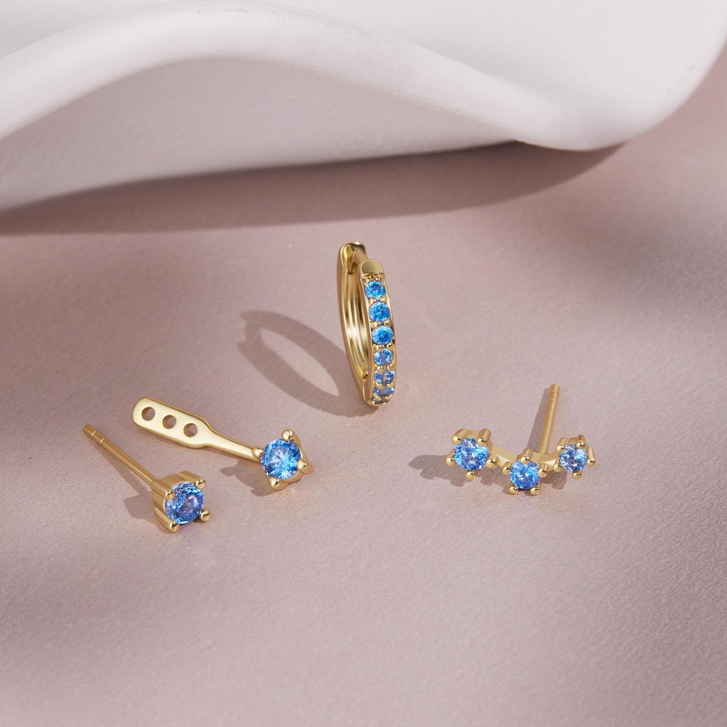 3 Pairs Dainty Small Earrings Set for Women Trendy, Birthstone Stud Huggie Hoop Jacket Stack for Cartilage Helix, Gold Plated Hypoallergenic Cute Women Fashion Accessories Western Jewelry Gifts