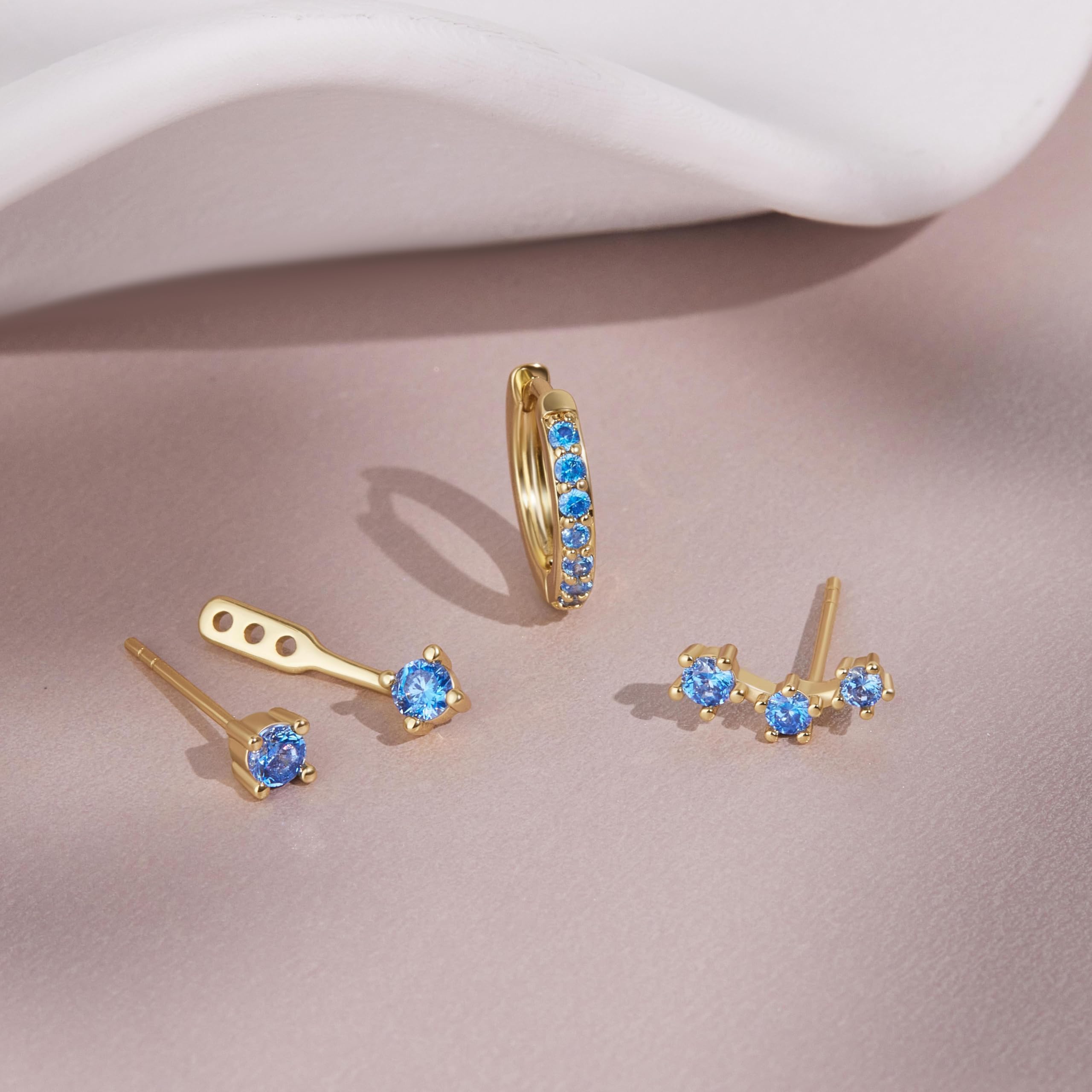 3 Pairs Dainty Small Earrings Set for Women Trendy, Birthstone Stud Huggie Hoop Jacket Stack for Cartilage Helix, Gold Plated Hypoallergenic Cute Women Fashion Accessories Western Jewelry Gifts