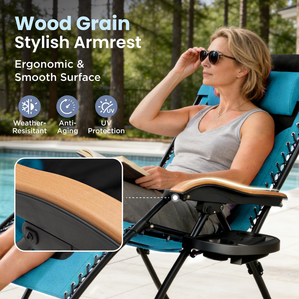 PHI VILLA XXL Oversized Padded Zero Gravity Chair Set of 2, Foldable Patio Recliner, 30" Wide Seat Anti Gravity Lounger with Armrest and Cup Holder, Support 400 LBS (Aqua Blue)