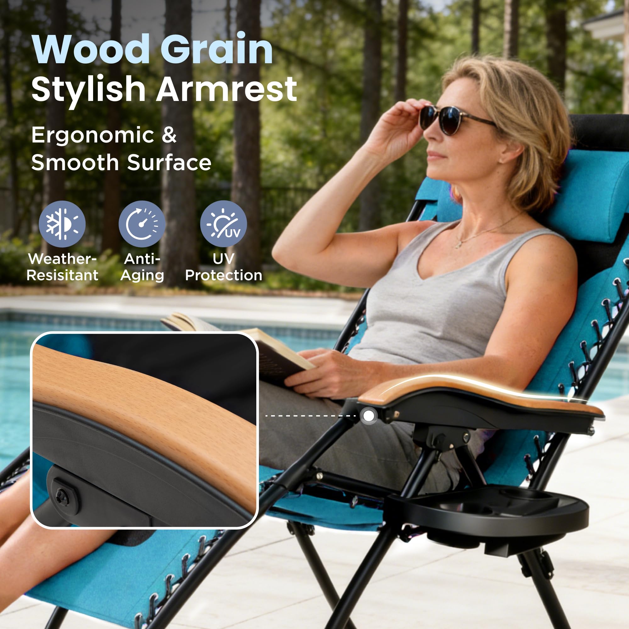 PHI VILLA XXL Oversized Padded Zero Gravity Chair Set of 2, Foldable Patio Recliner, 30" Wide Seat Anti Gravity Lounger with Armrest and Cup Holder, Support 400 LBS (Aqua Blue)