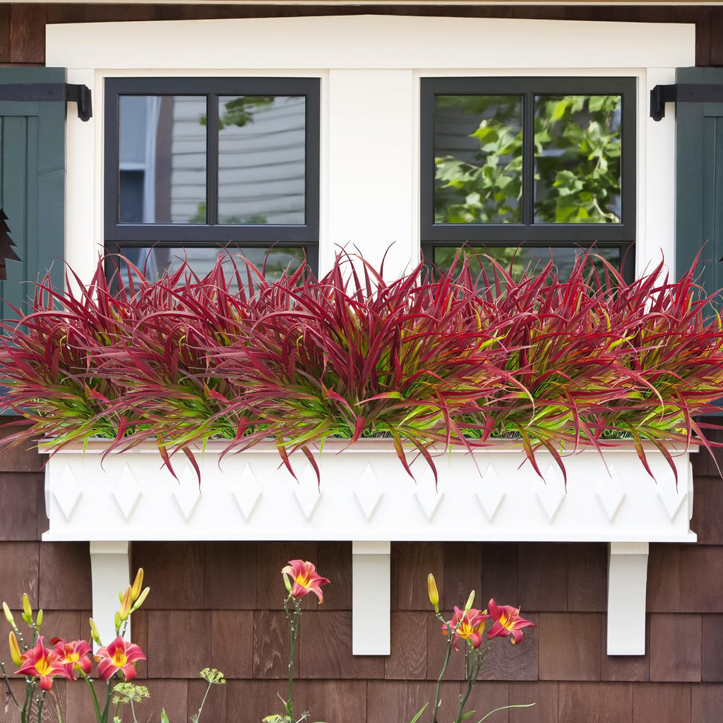 Uieke 28 Bundles Artificial Outdoor Plants UV Resistant Fake Grass Plants Faux Plastic Plants Greenery Shrubs for Home Garden Pathway Window Box Front Porch Cemetery Fall Decor, Autumn Red