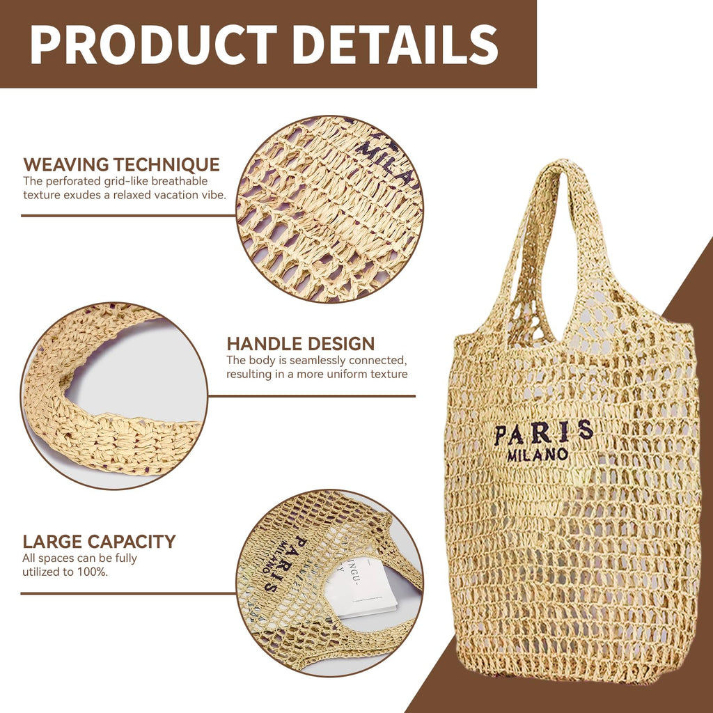 POOOPSSD New Woven Bag, Straw Mesh Tote Bag, Beach, Shoulder Bag, Hobo Women, Foldable Large Capacity, for Holiday.