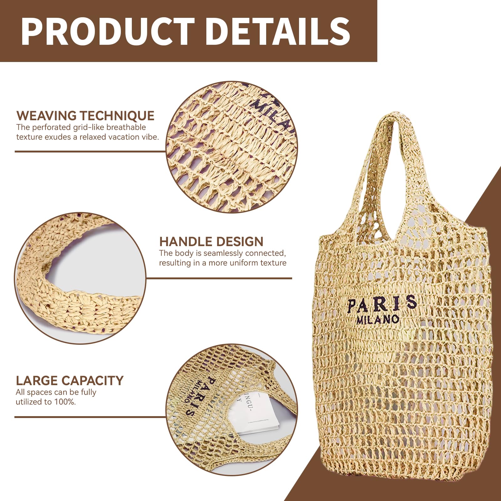 POOOPSSD New Woven Bag, Straw Mesh Tote Bag, Beach, Shoulder Bag, Hobo Women, Foldable Large Capacity, for Holiday.