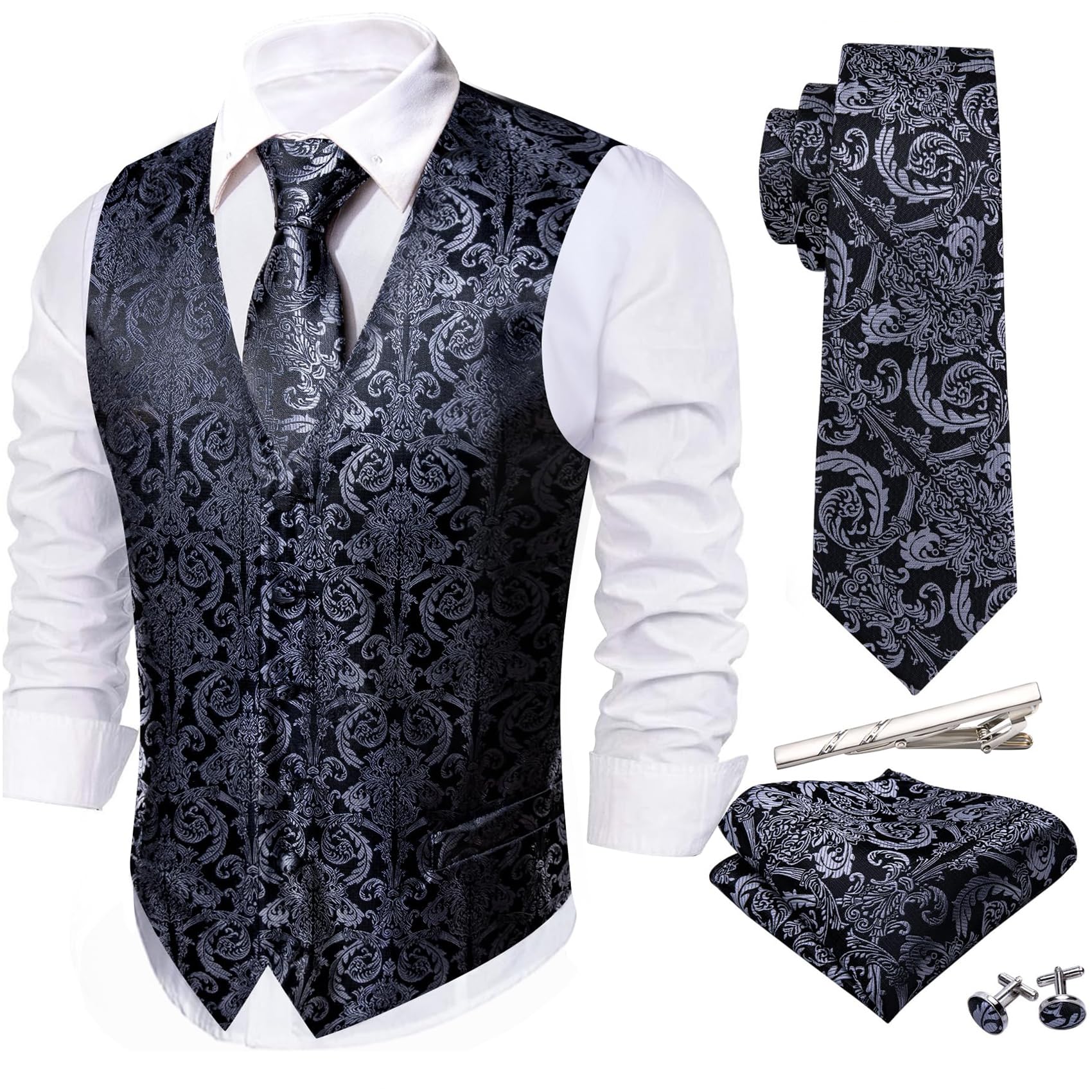 Barry.Wang Men's Suit Vest Formal/Leisure Paisley Jacquard Silk Tie Pocket Square Waistcoat Set Wedding 5PCS