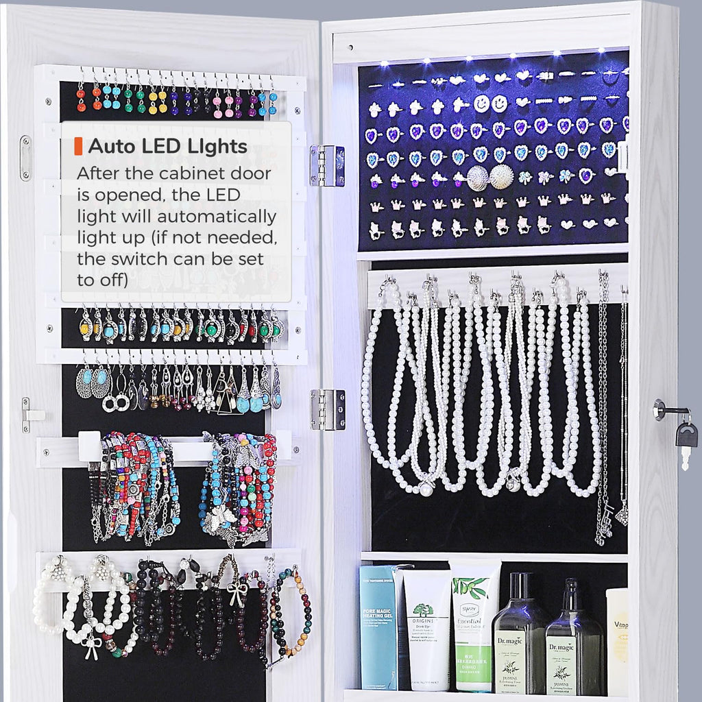 GISSAR Full Length Mirror Jewelry Cabinet, 6 LEDs Jewelry Armoire Wall Mounted Over The Door Hanging, Jewelry Organizer Storage with Lights Lockable, Black, 14.6" x 47.2"