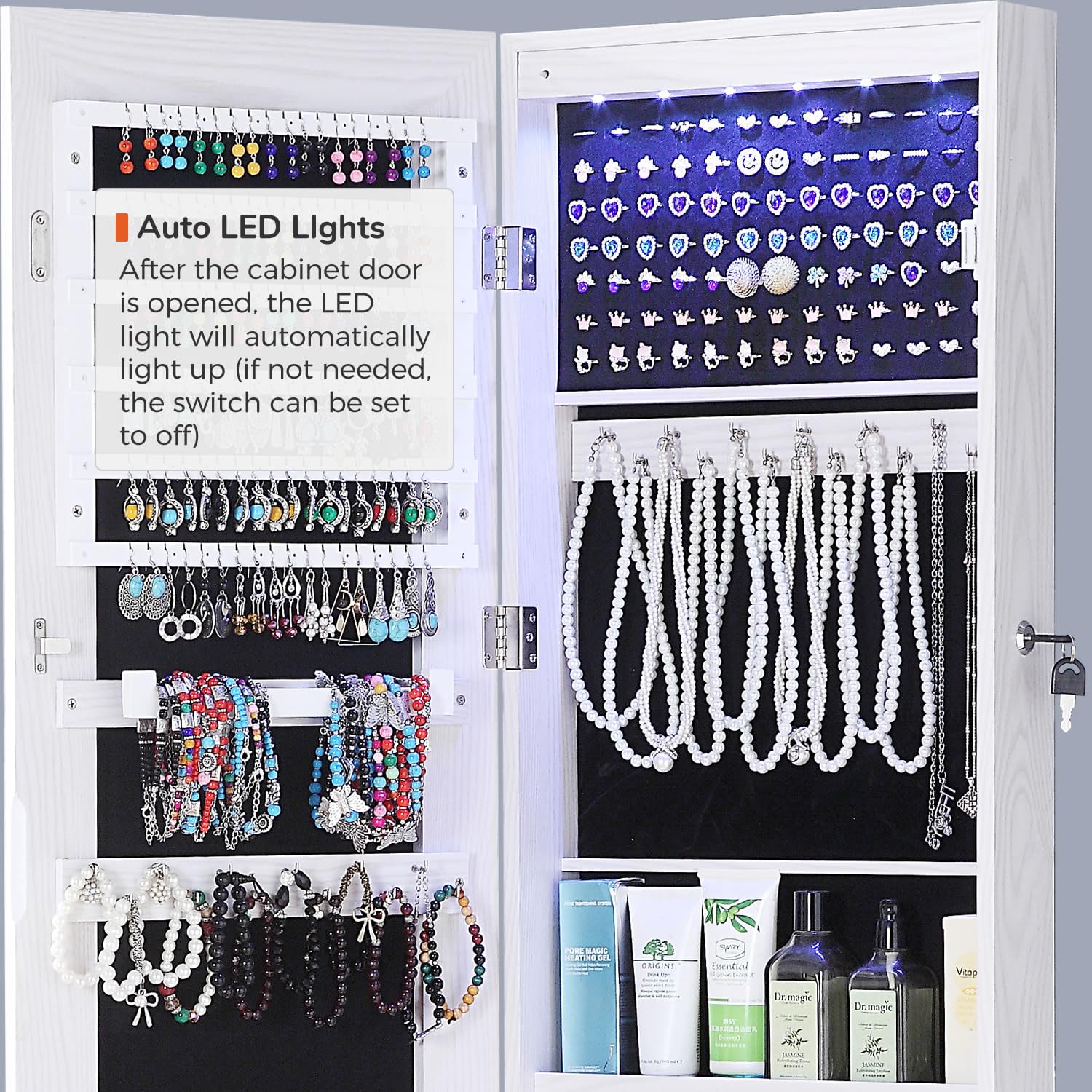 GISSAR Full Length Mirror Jewelry Cabinet, 6 LEDs Jewelry Armoire Wall Mounted Over The Door Hanging, Jewelry Organizer Storage with Lights Lockable, Black, 14.6" x 47.2"