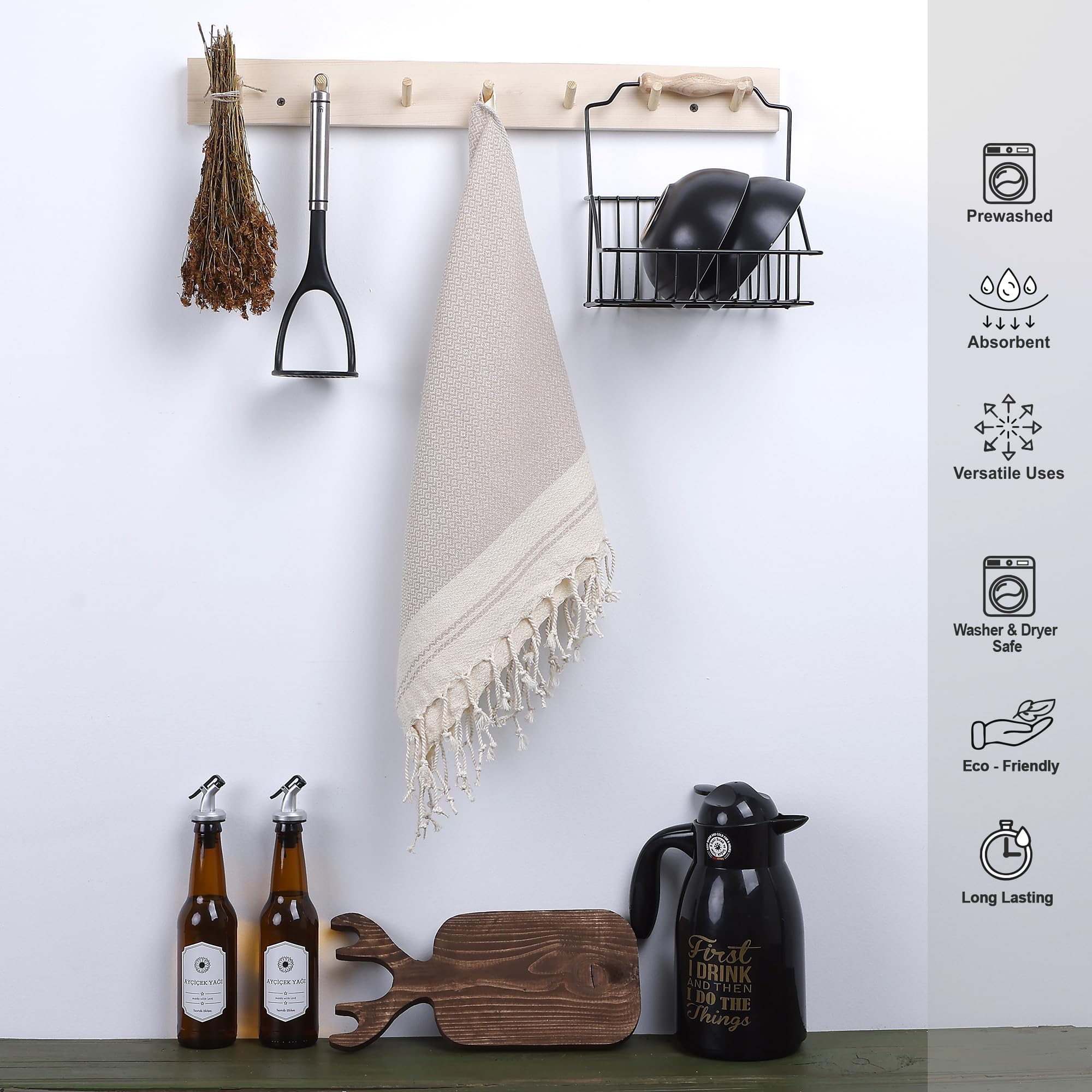 Evelynen Turkish Hand Towels for Bathroom & Kitchen Towels Decorative Set of 2 | Boho Farmhouse Hand Towels with Hanging Loops for Face, Tea, Dish, Kitchen & Bath | %100 Cotton (16" x 32" - Beige)