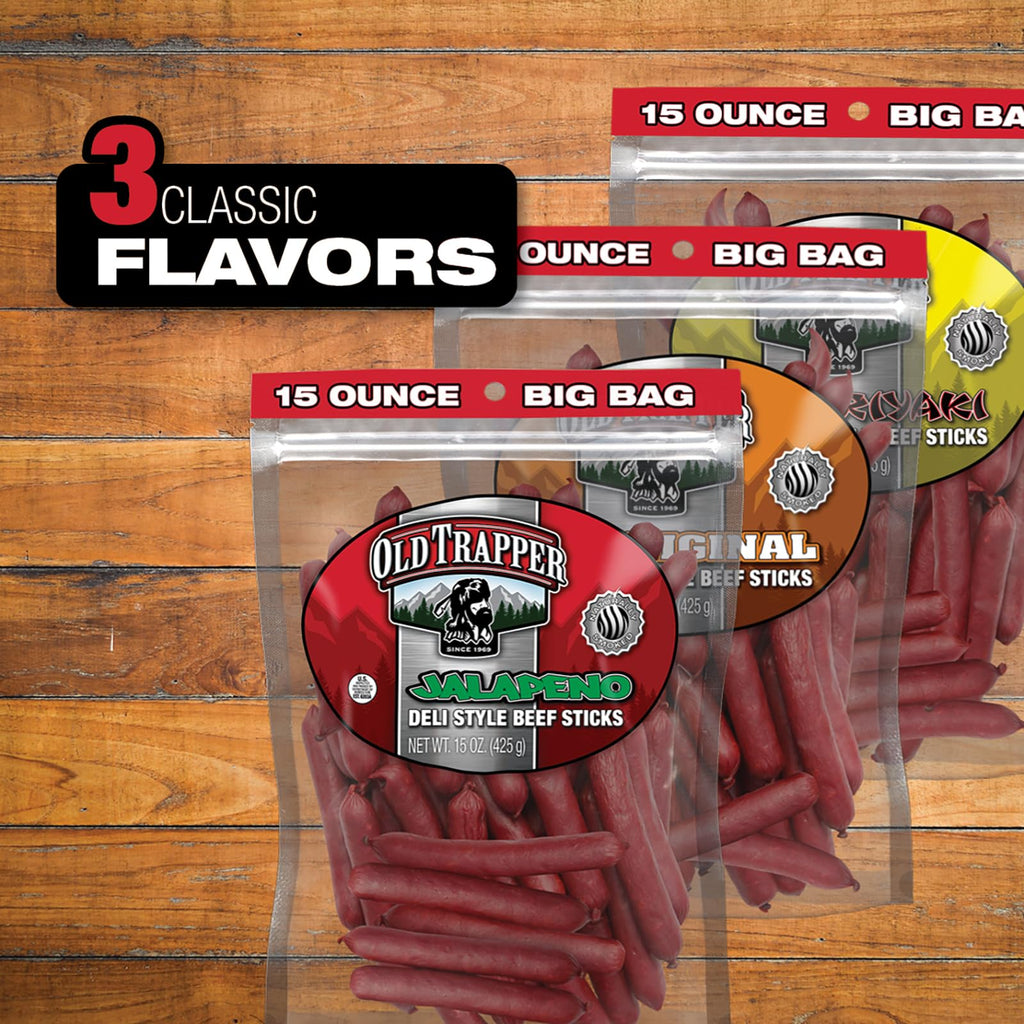 Old Trapper Deli-Style Beef Sticks, Jalapeño Flavor, 15-Ounce Package, Spicy Beef Sticks, Six Grams of Protein and Zero Grams of Sugar per Serving (Pack of One)