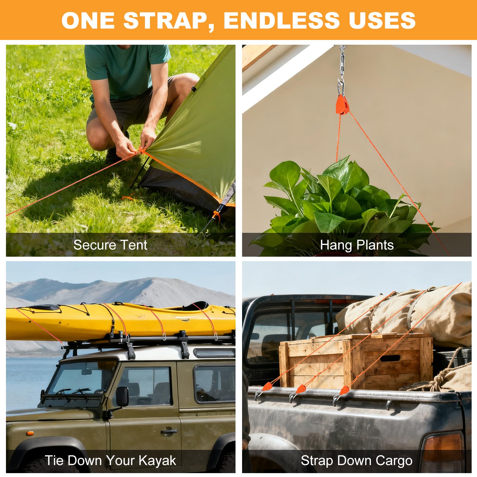 Longer 14ft Retractable Paracord Rope Tie Down Ratchet Strap Small Straps Mini Rope Cam Lock Tent Canopy Tie Down Adjustable Outdoor Windproof Tightener Tensioner Hanger Grow Light 4 Pack 1/8"
