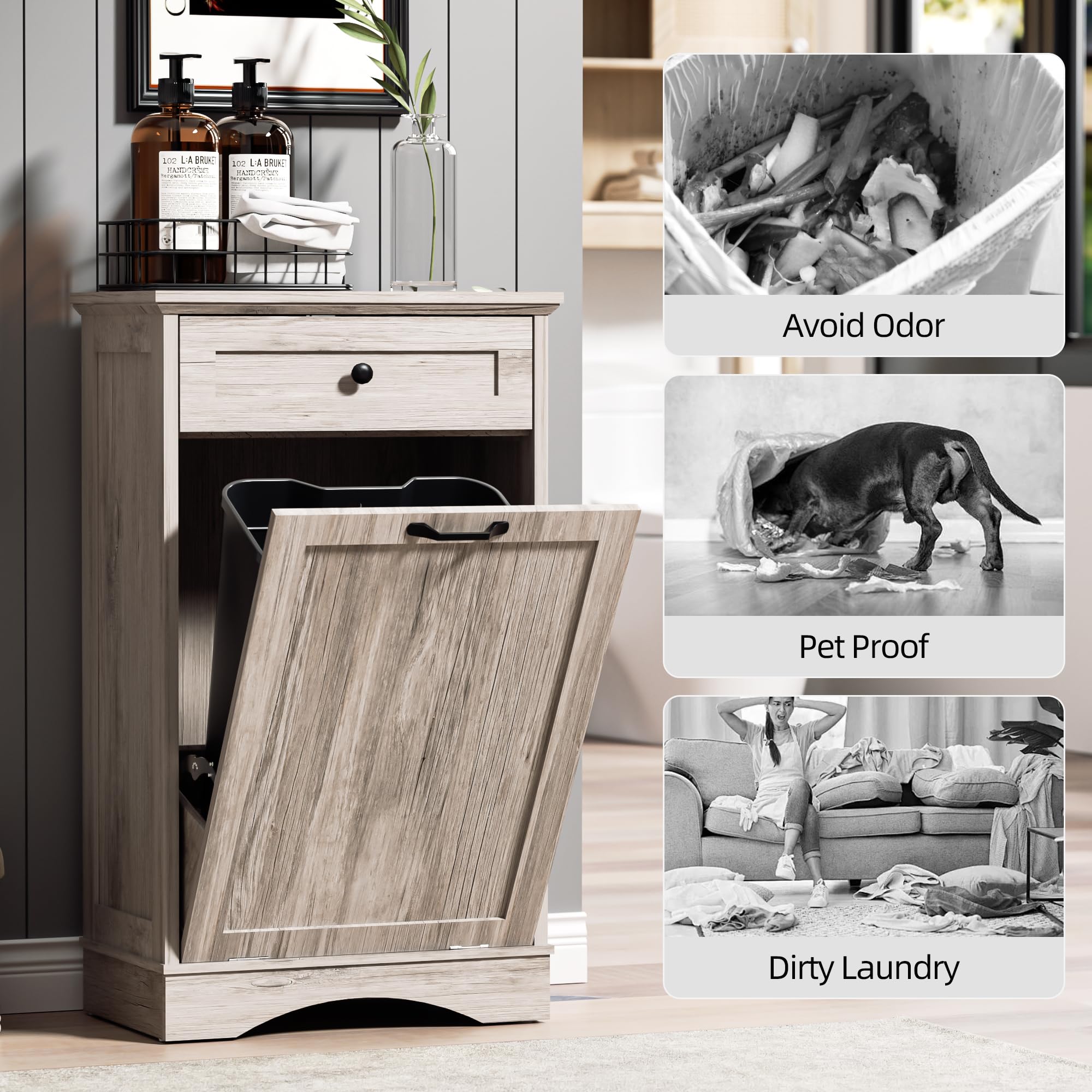 AHB Double Tilt Out Trash Can Cabinet Freestanding Kitchen Trash Can, 2x13 Gallons Hidden Garbage Recycling Cabinet with Hideaway Drawers Pet Proof Trash Can Holder for Kitchen, Antique White