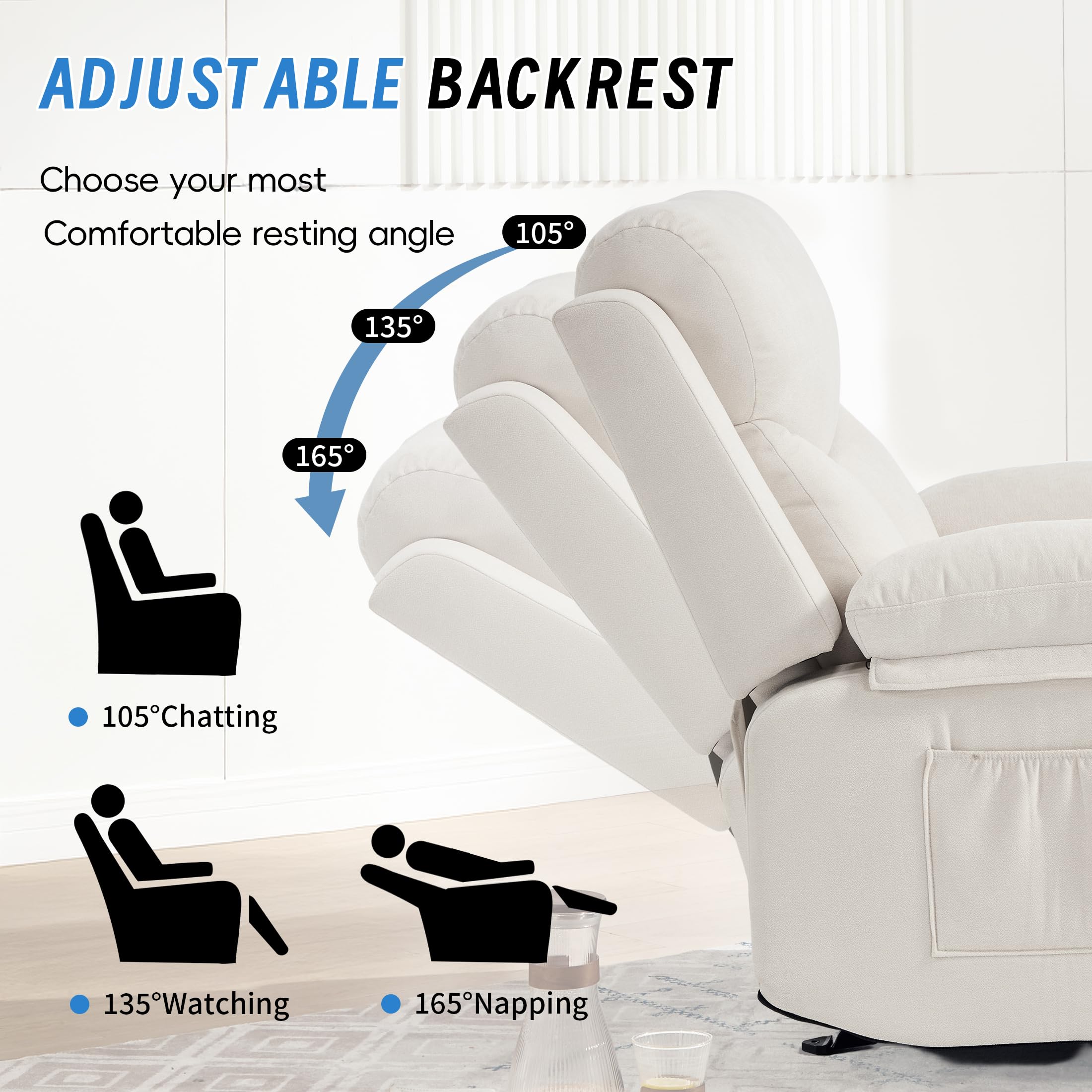 Manual Rocker Recliner Chair for Adults with Massage, Overstuffed Glider Rocking Chair with Cup Holders and Pockets for Living Room, Reclining Sofa Chair for Bedroom Nursery,Beige