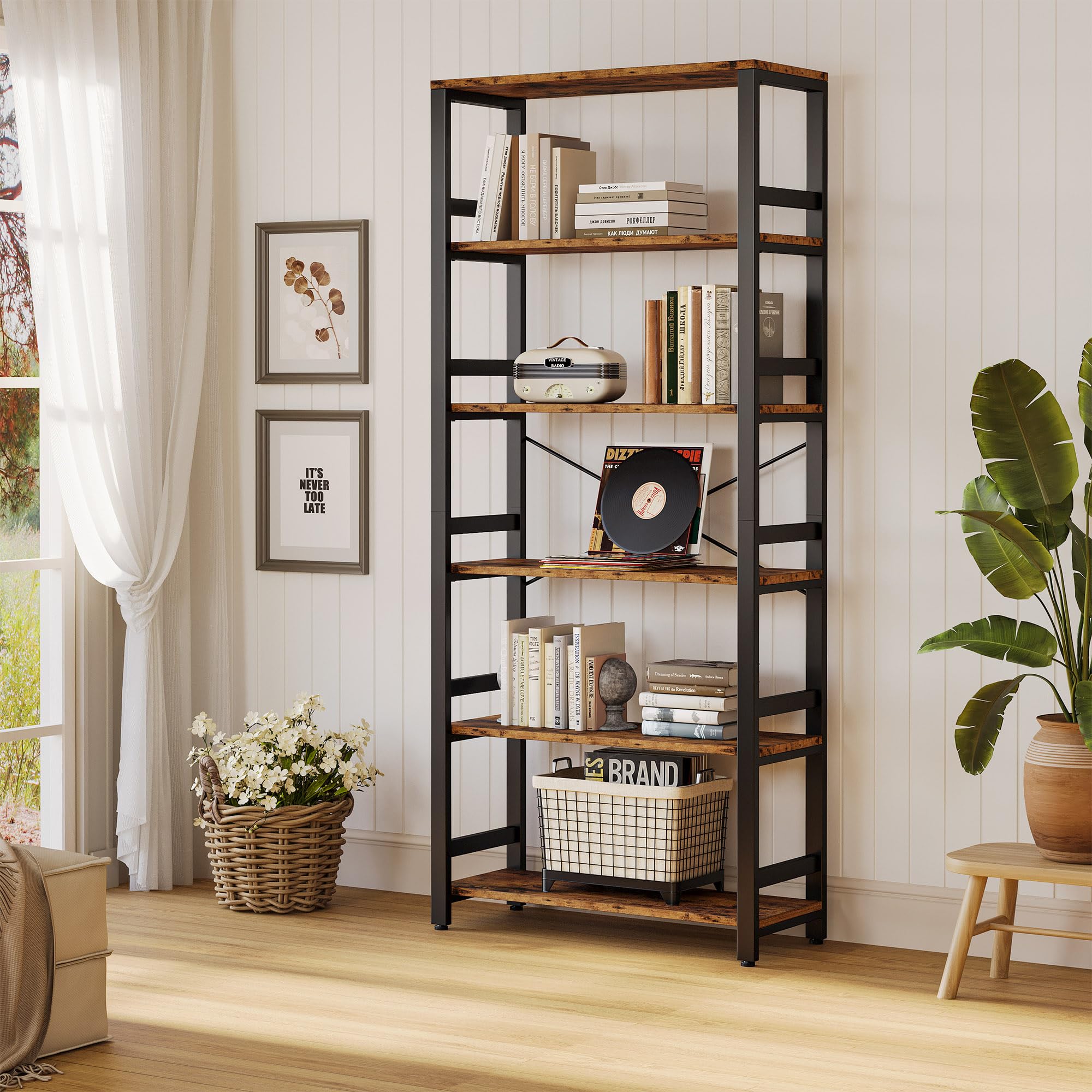 IRONCK Bookshelf, 31.5in Wide Shelf 6 Tier Bookcase, 110lbs/shelf Vintage Industrial Style Bookshelves for Bedroom, Living Room and Home Office, Industrial Brown